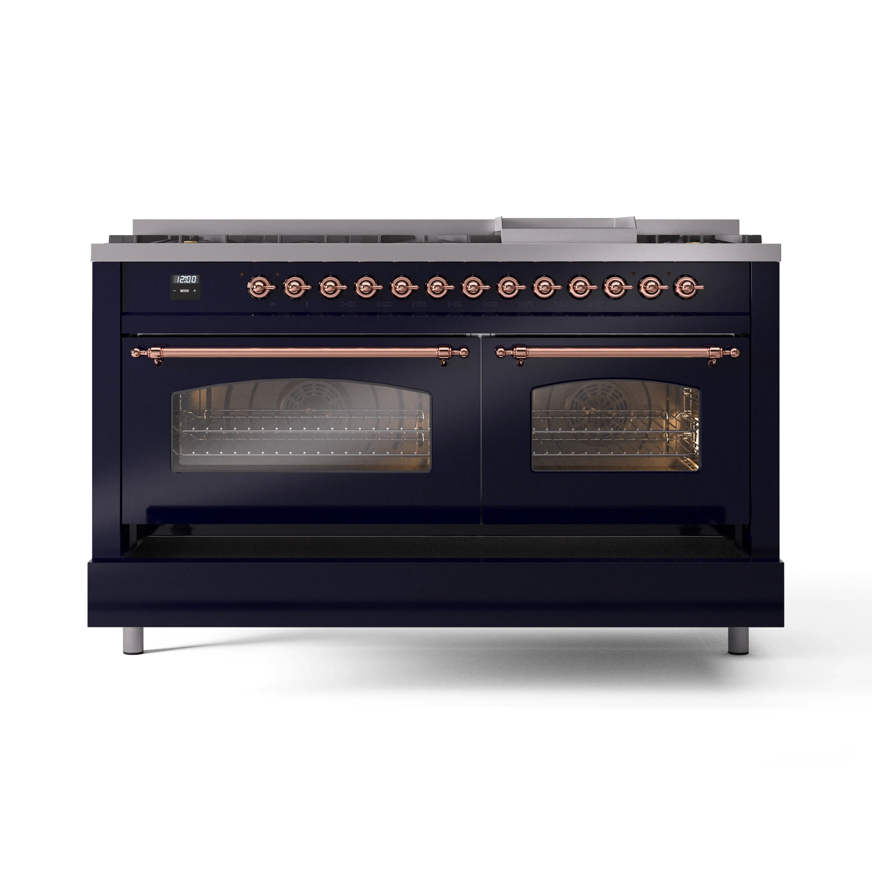 ILVE 60-Inch Nostalgie II Natural Gas Dual Fuel Range with 9 Burners, Griddle and Triple Glass Door Oven in Midnight Blue with Copper Trim (UP60FNMPMBP) - Image 2
