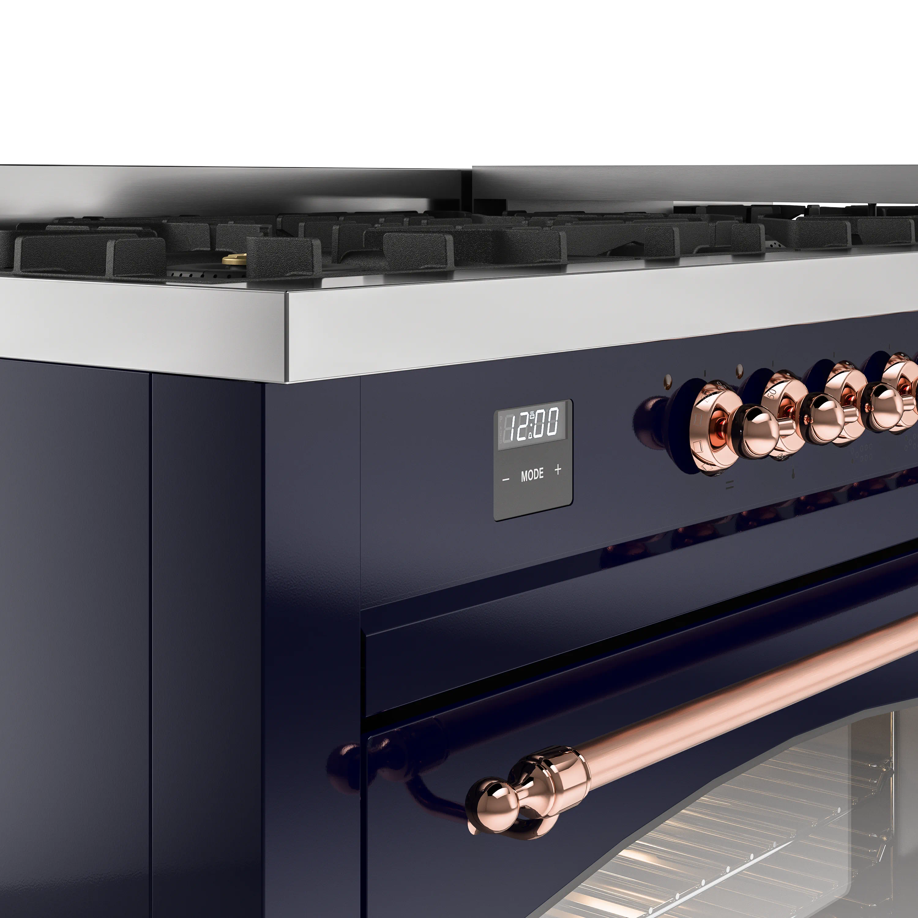 ILVE 60-Inch Nostalgie II Natural Gas Dual Fuel Range with 9 Burners, Griddle and Triple Glass Door Oven in Midnight Blue with Copper Trim (UP60FNMPMBP) - Image 3