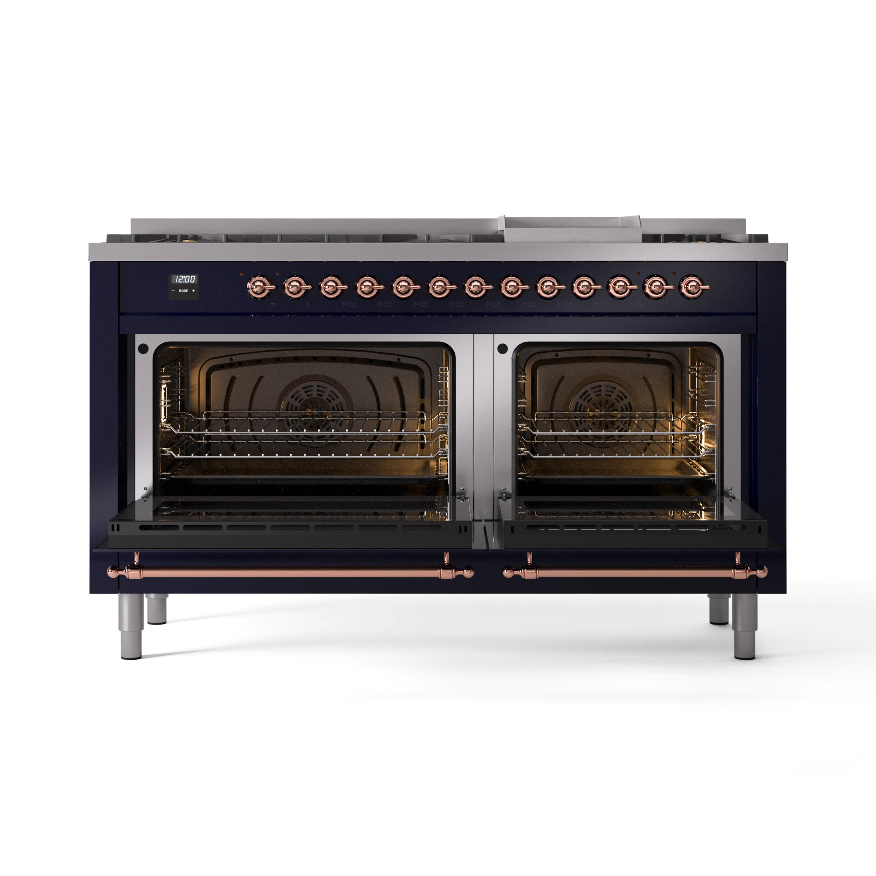 ILVE 60-Inch Nostalgie II Natural Gas Dual Fuel Range with 9 Burners, Griddle and Triple Glass Door Oven in Midnight Blue with Copper Trim (UP60FNMPMBP) - Image 5