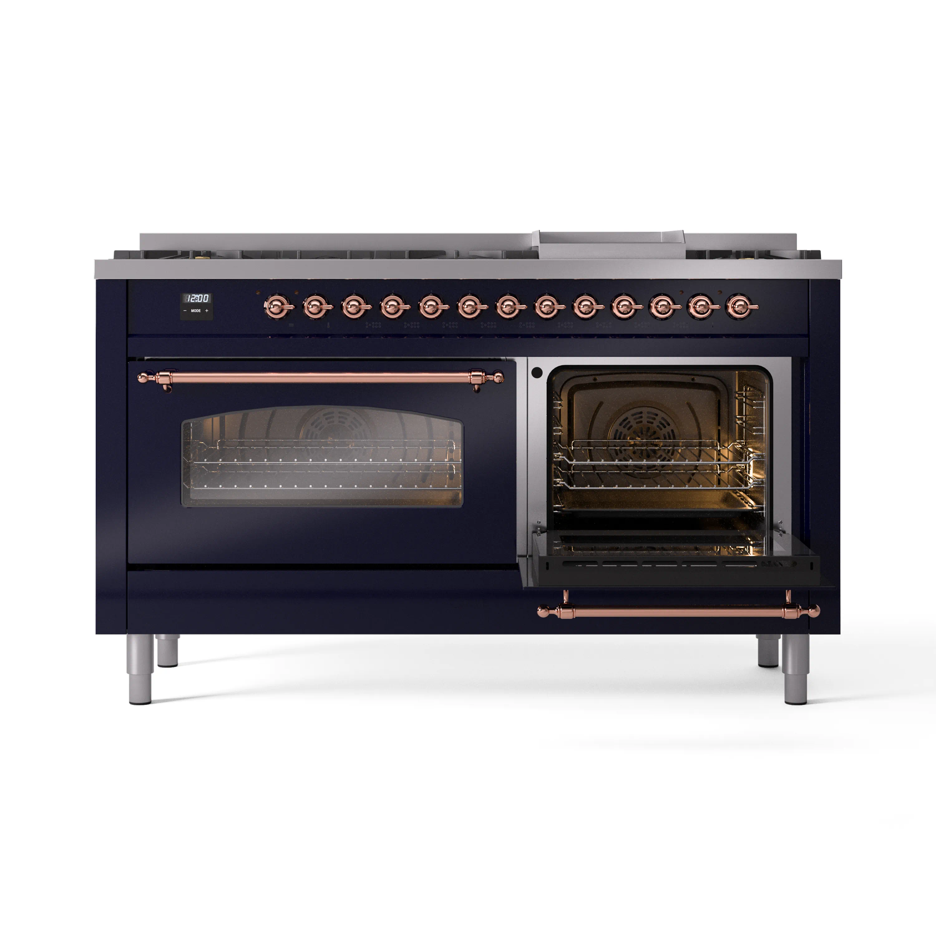 ILVE 60-Inch Nostalgie II Natural Gas Dual Fuel Range with 9 Burners, Griddle and Triple Glass Door Oven in Midnight Blue with Copper Trim (UP60FNMPMBP) - Image 7