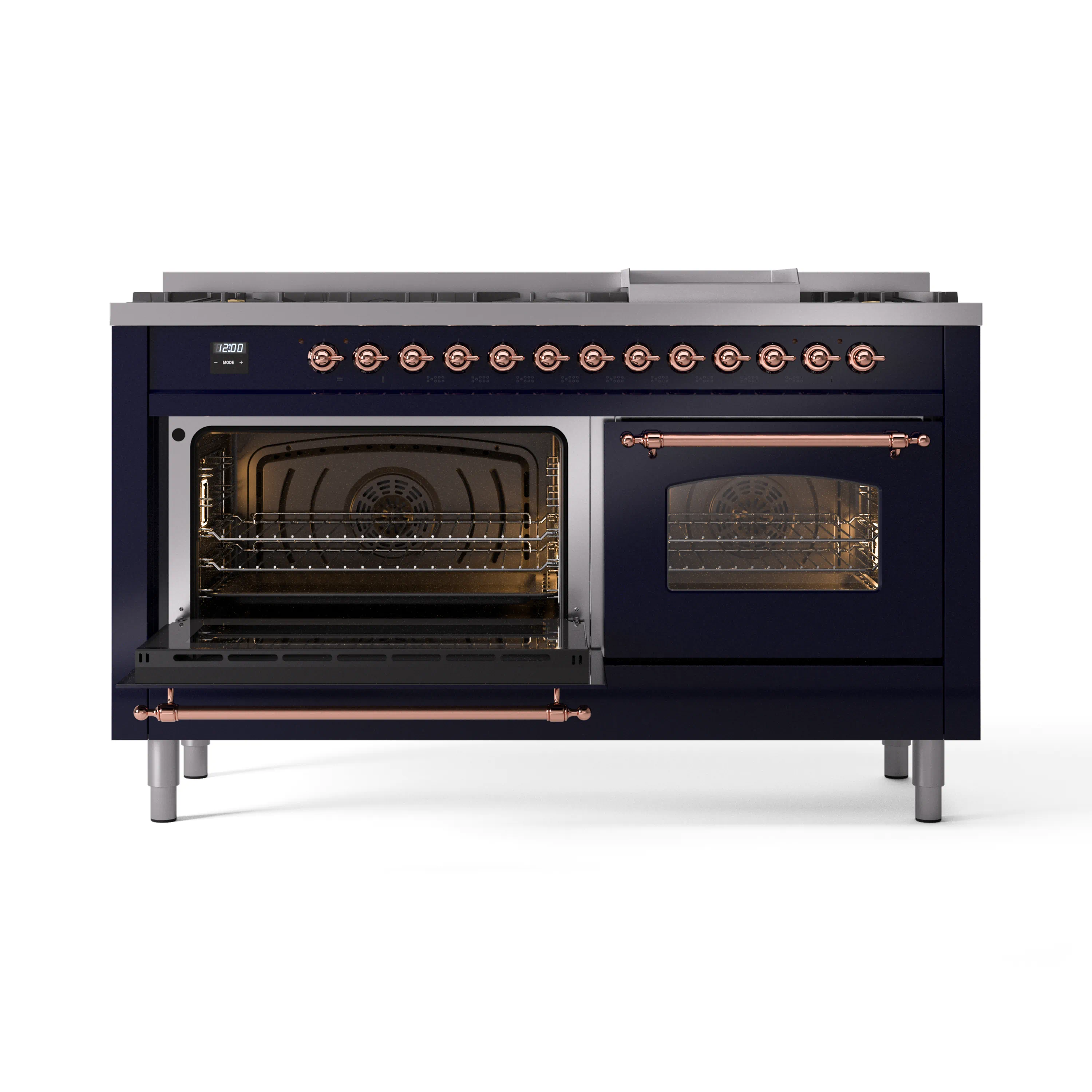 ILVE 60-Inch Nostalgie II Natural Gas Dual Fuel Range with 9 Burners, Griddle and Triple Glass Door Oven in Midnight Blue with Copper Trim (UP60FNMPMBP) - Image 8
