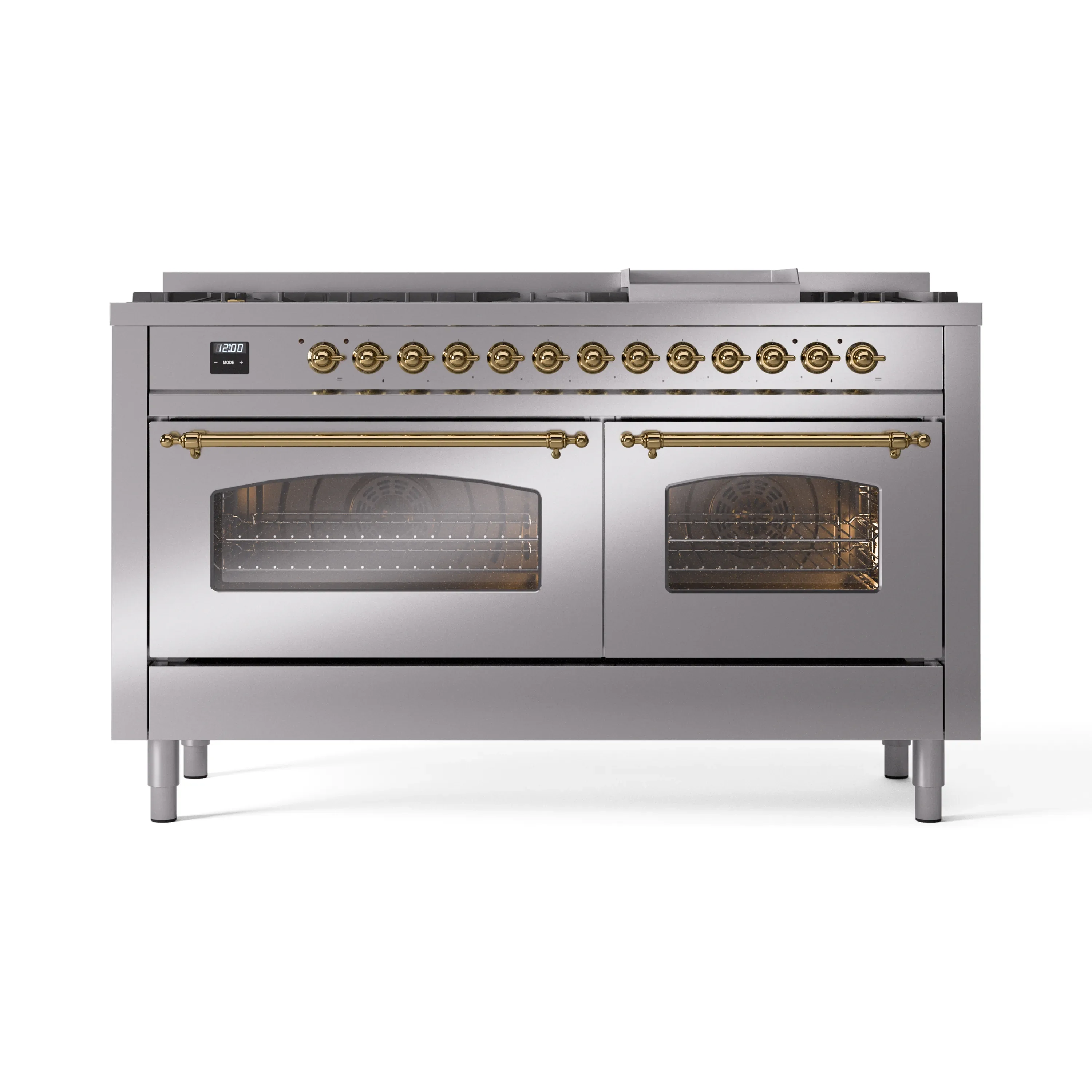 ILVE 60-Inch Nostalgie II Natural Gas Dual Fuel Range with 9 Burners, Griddle and Triple Glass Door Oven in Stainless Steel with Brass Trim (UP60FNMPSSG) - Image 2