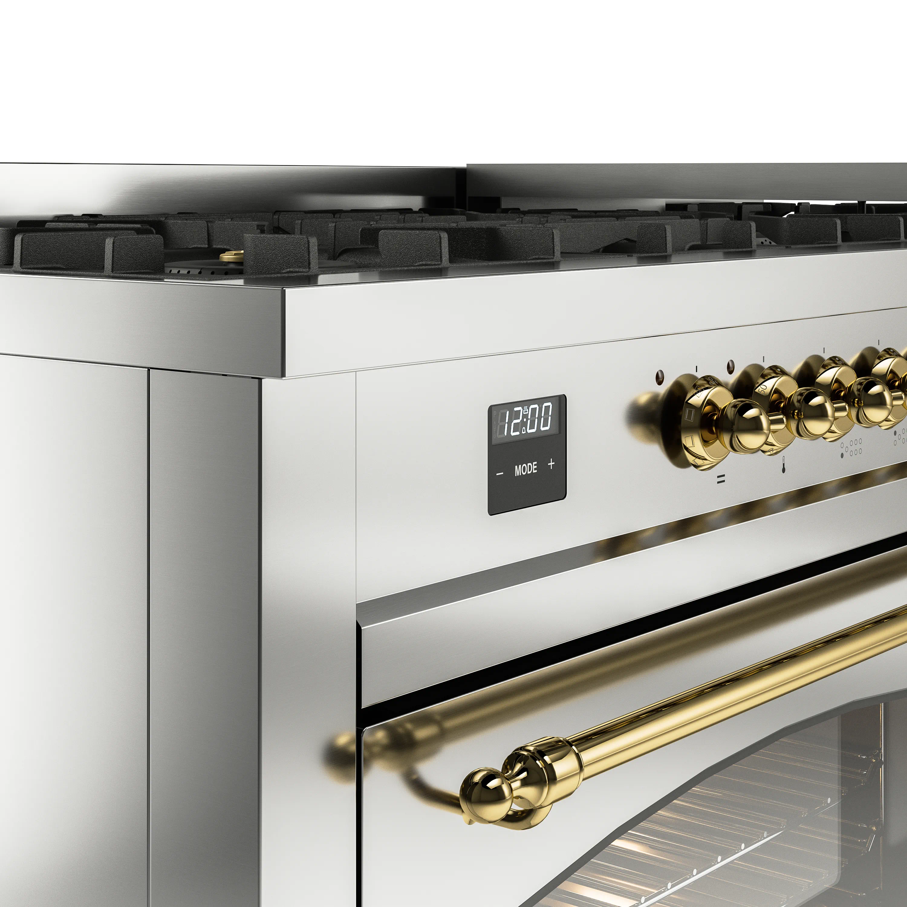ILVE 60-Inch Nostalgie II Natural Gas Dual Fuel Range with 9 Burners, Griddle and Triple Glass Door Oven in Stainless Steel with Brass Trim (UP60FNMPSSG) - Image 3