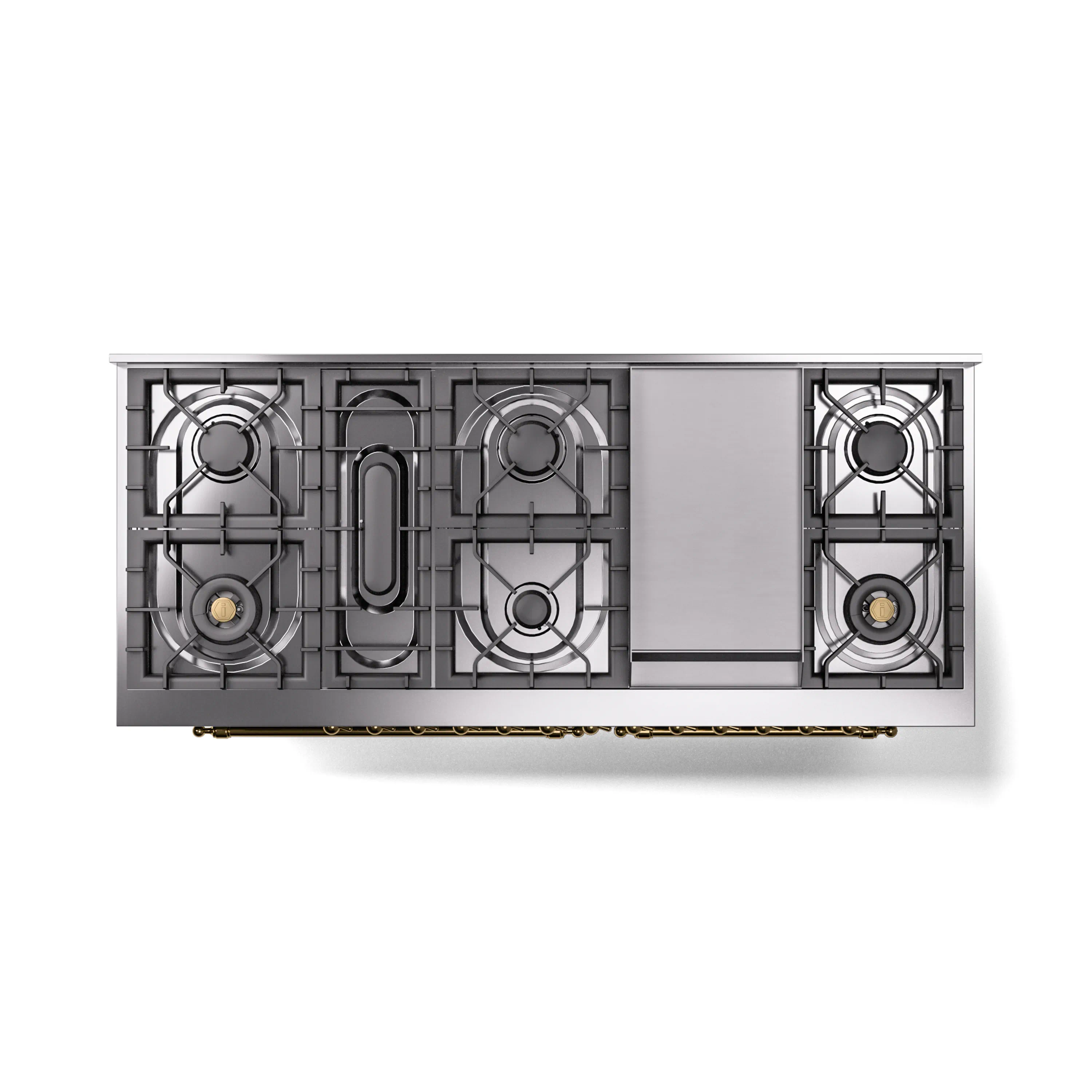 ILVE 60-Inch Nostalgie II Natural Gas Dual Fuel Range with 9 Burners, Griddle and Triple Glass Door Oven in Stainless Steel with Brass Trim (UP60FNMPSSG) - Image 4