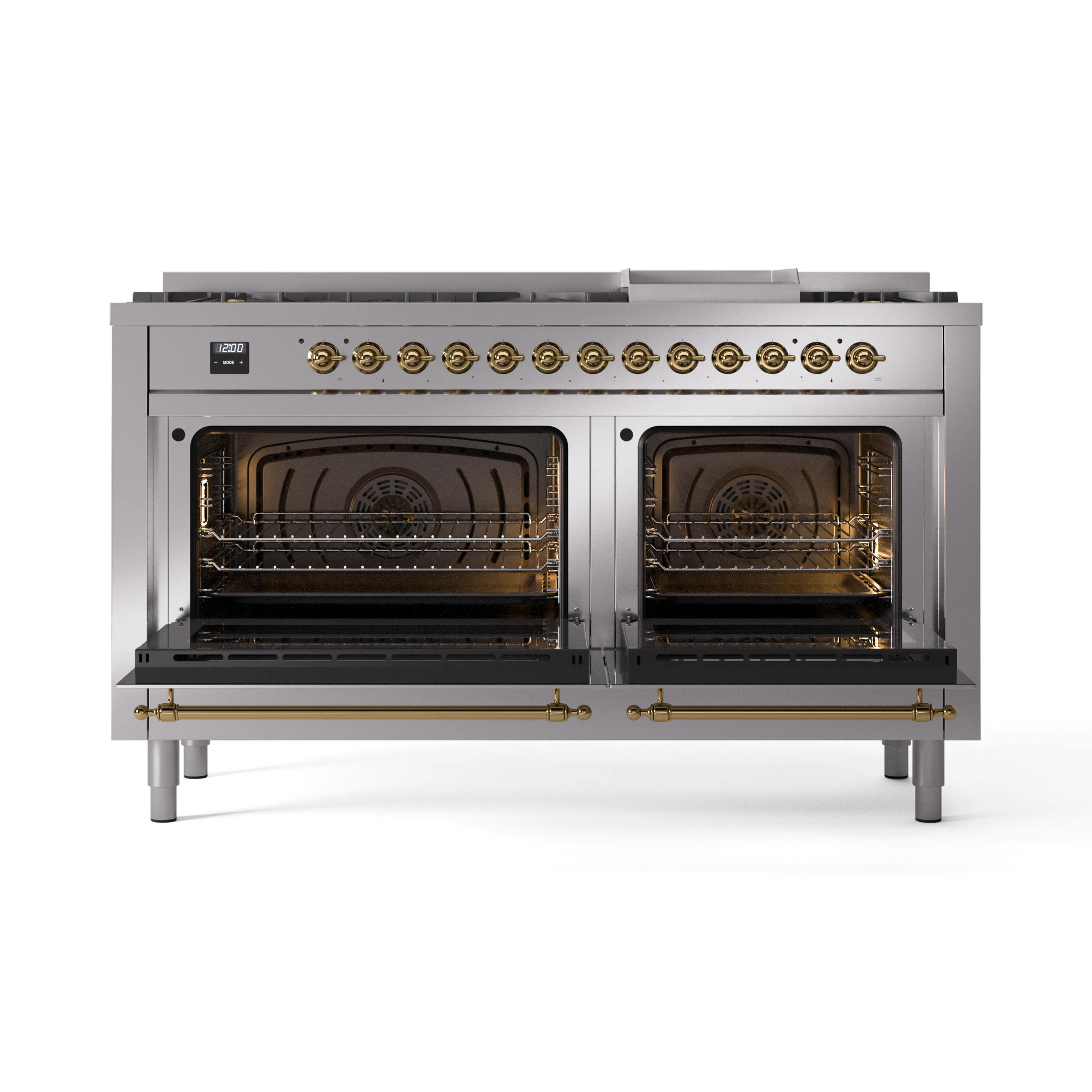 ILVE 60-Inch Nostalgie II Natural Gas Dual Fuel Range with 9 Burners, Griddle and Triple Glass Door Oven in Stainless Steel with Brass Trim (UP60FNMPSSG) - Image 5