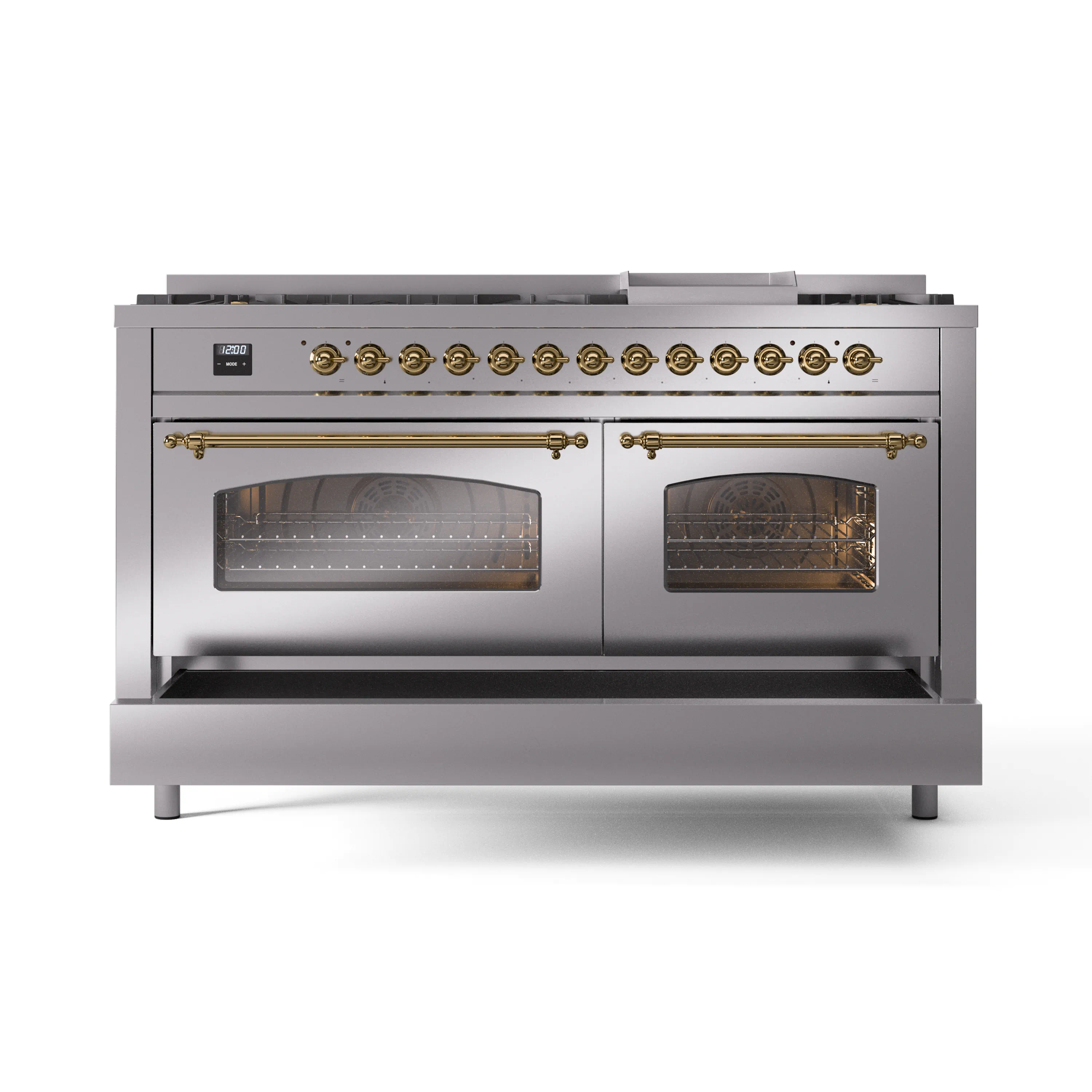 ILVE 60-Inch Nostalgie II Natural Gas Dual Fuel Range with 9 Burners, Griddle and Triple Glass Door Oven in Stainless Steel with Brass Trim (UP60FNMPSSG) - Image 6