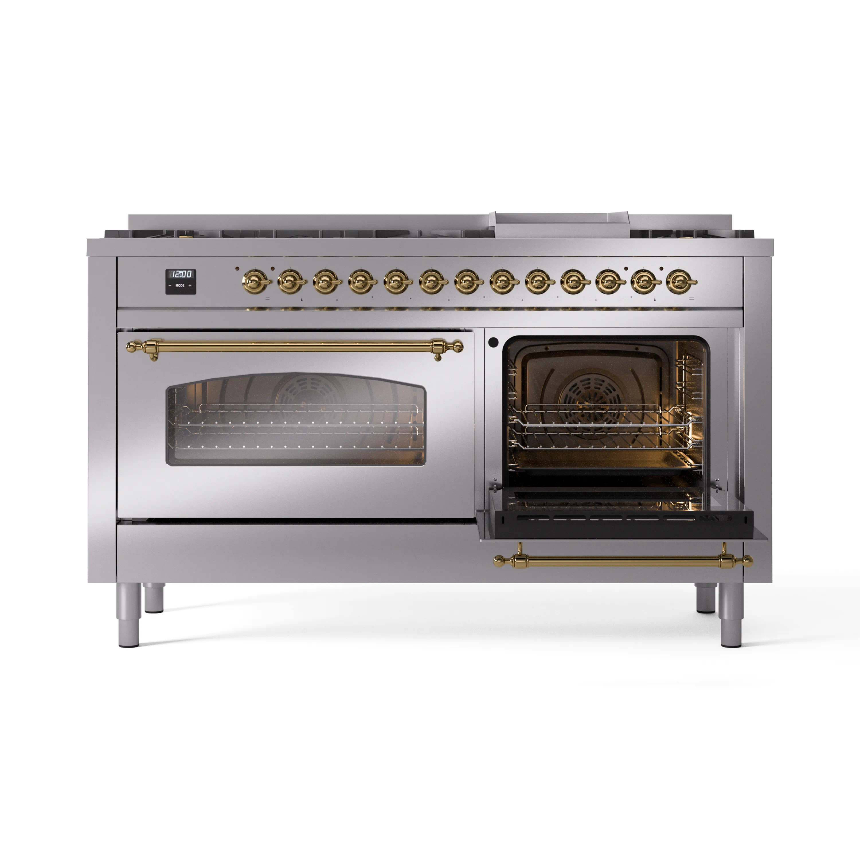 ILVE 60-Inch Nostalgie II Natural Gas Dual Fuel Range with 9 Burners, Griddle and Triple Glass Door Oven in Stainless Steel with Brass Trim (UP60FNMPSSG) - Image 7