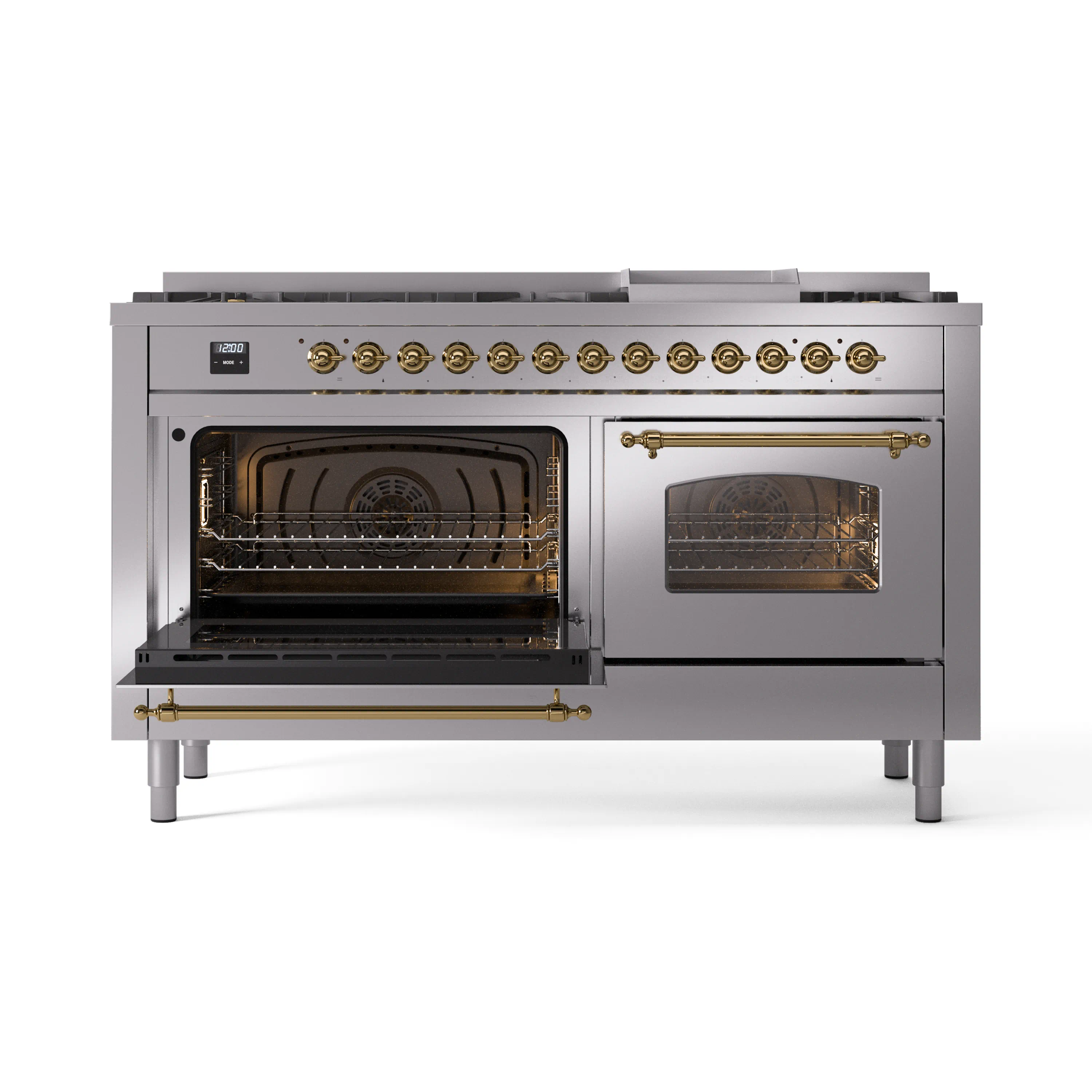 ILVE 60-Inch Nostalgie II Natural Gas Dual Fuel Range with 9 Burners, Griddle and Triple Glass Door Oven in Stainless Steel with Brass Trim (UP60FNMPSSG) - Image 8