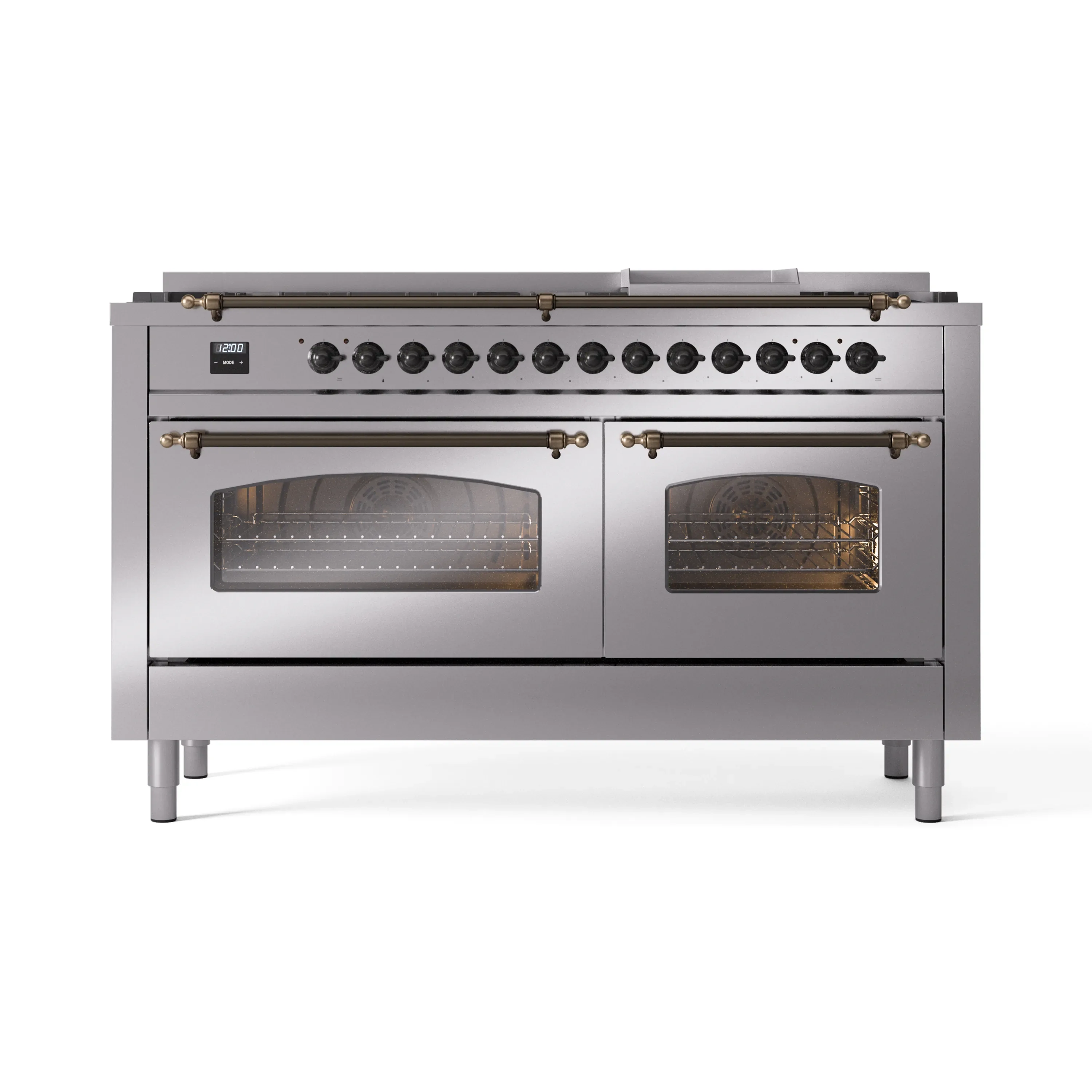 ILVE 60-Inch Nostalgie II Natural Gas Dual Fuel Range with 9 Burners, Griddle and Triple Glass Door Oven in Stainless Steel with Bronze Trim (UP60FNMPSSB) - Image 2