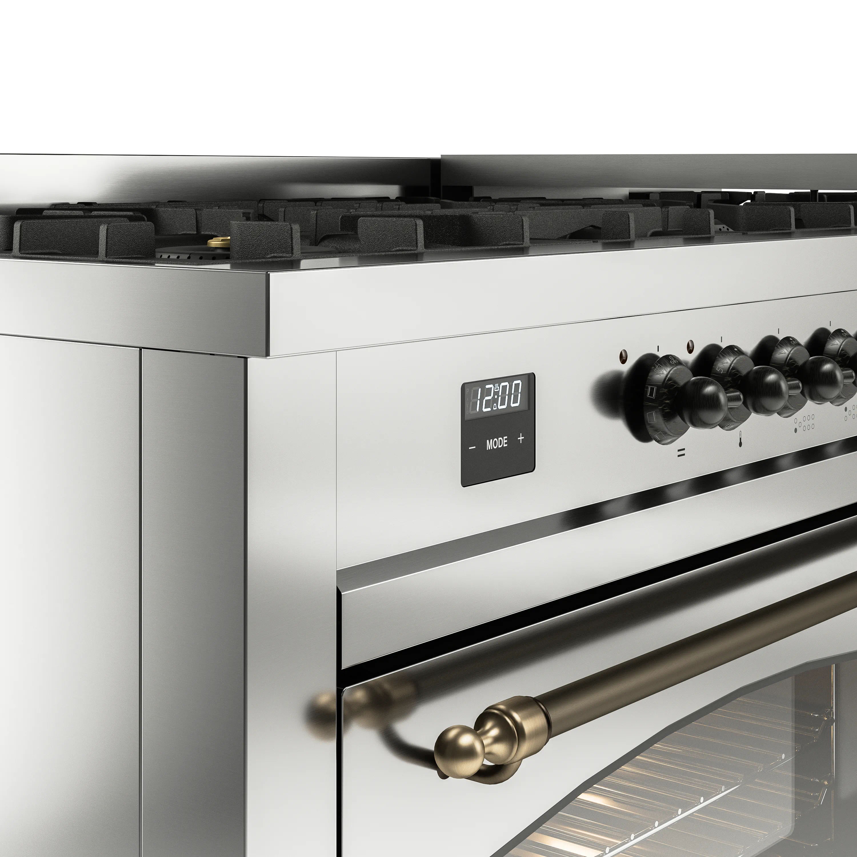 ILVE 60-Inch Nostalgie II Natural Gas Dual Fuel Range with 9 Burners, Griddle and Triple Glass Door Oven in Stainless Steel with Bronze Trim (UP60FNMPSSB) - Image 3