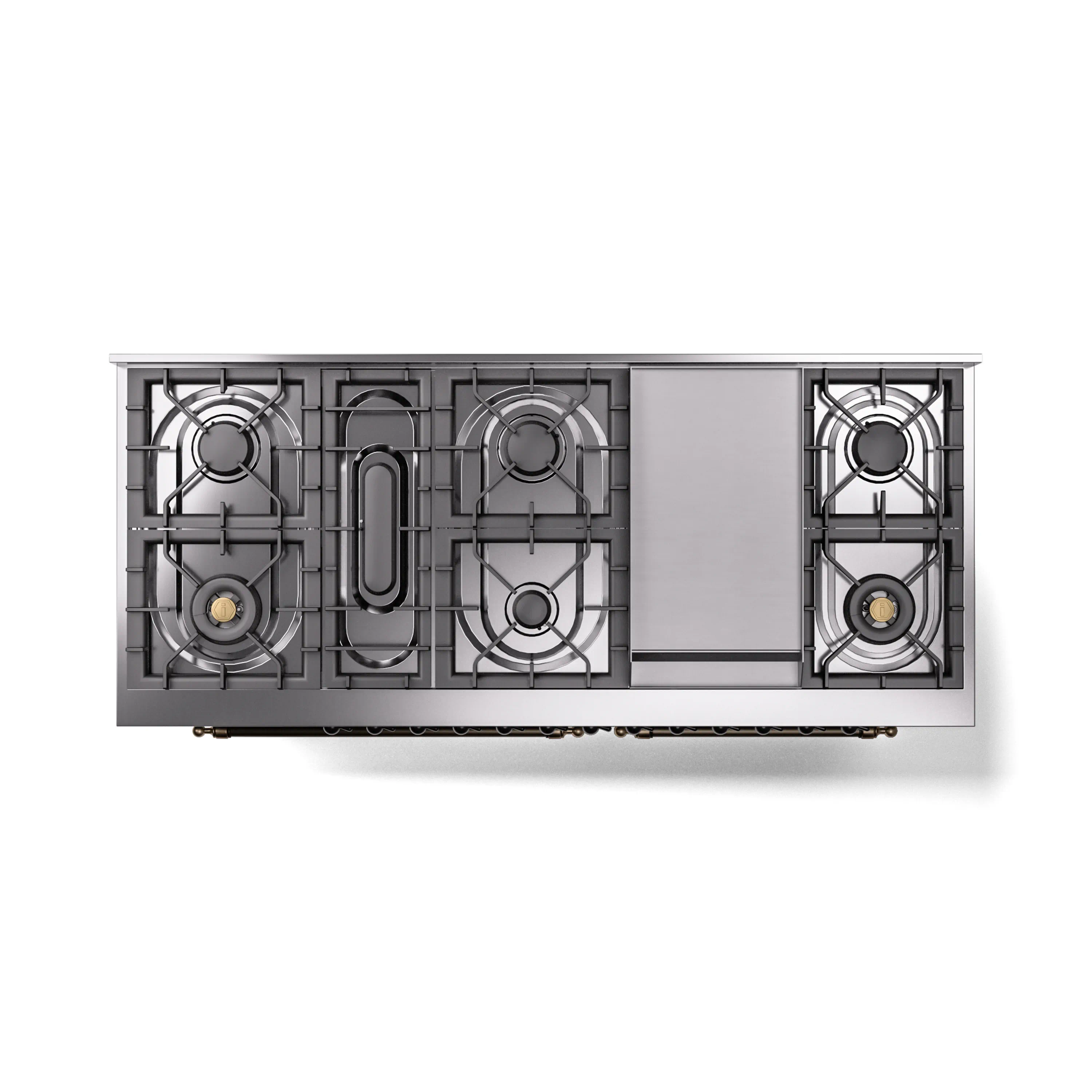 ILVE 60-Inch Nostalgie II Natural Gas Dual Fuel Range with 9 Burners, Griddle and Triple Glass Door Oven in Stainless Steel with Bronze Trim (UP60FNMPSSB) - Image 4
