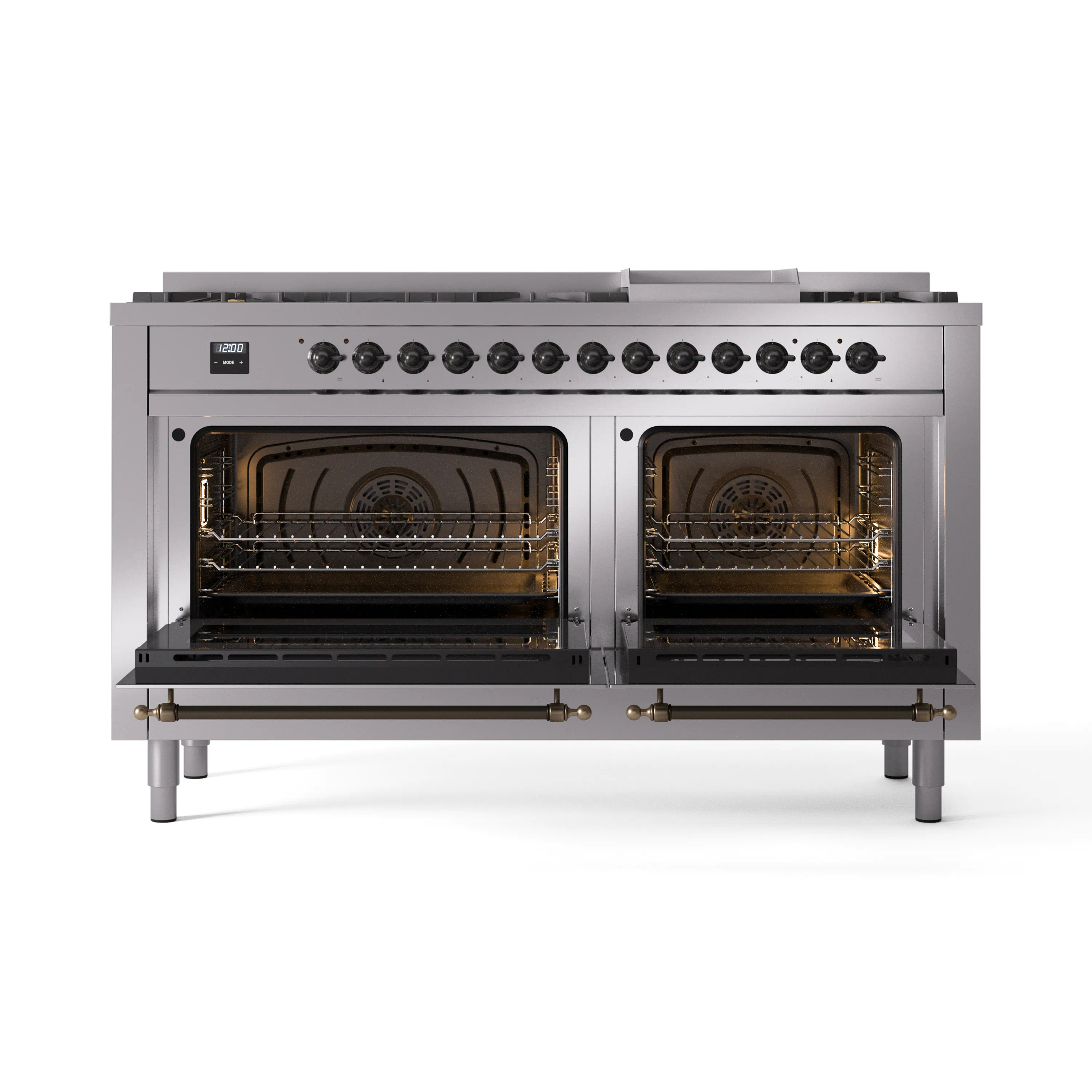 ILVE 60-Inch Nostalgie II Natural Gas Dual Fuel Range with 9 Burners, Griddle and Triple Glass Door Oven in Stainless Steel with Bronze Trim (UP60FNMPSSB) - Image 5