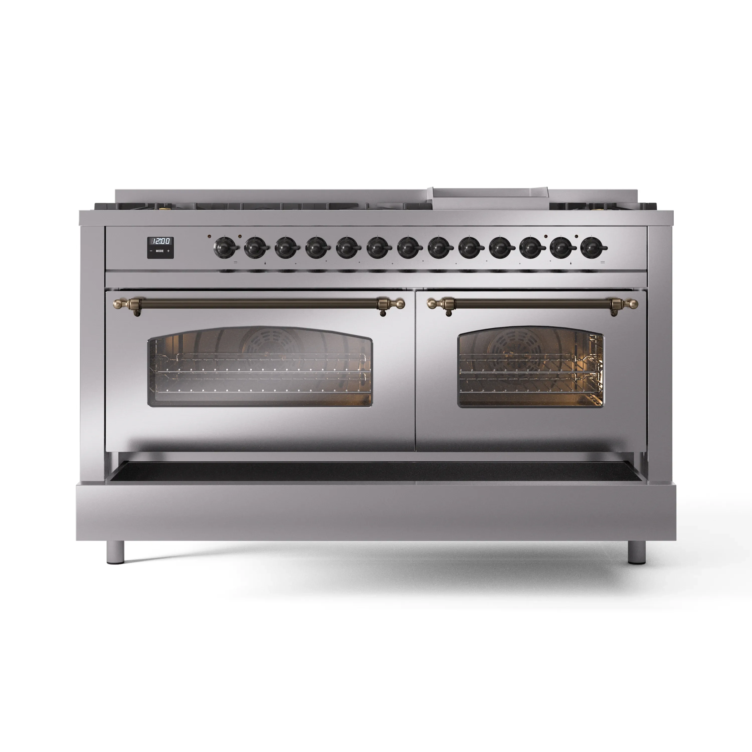 ILVE 60-Inch Nostalgie II Natural Gas Dual Fuel Range with 9 Burners, Griddle and Triple Glass Door Oven in Stainless Steel with Bronze Trim (UP60FNMPSSB) - Image 6