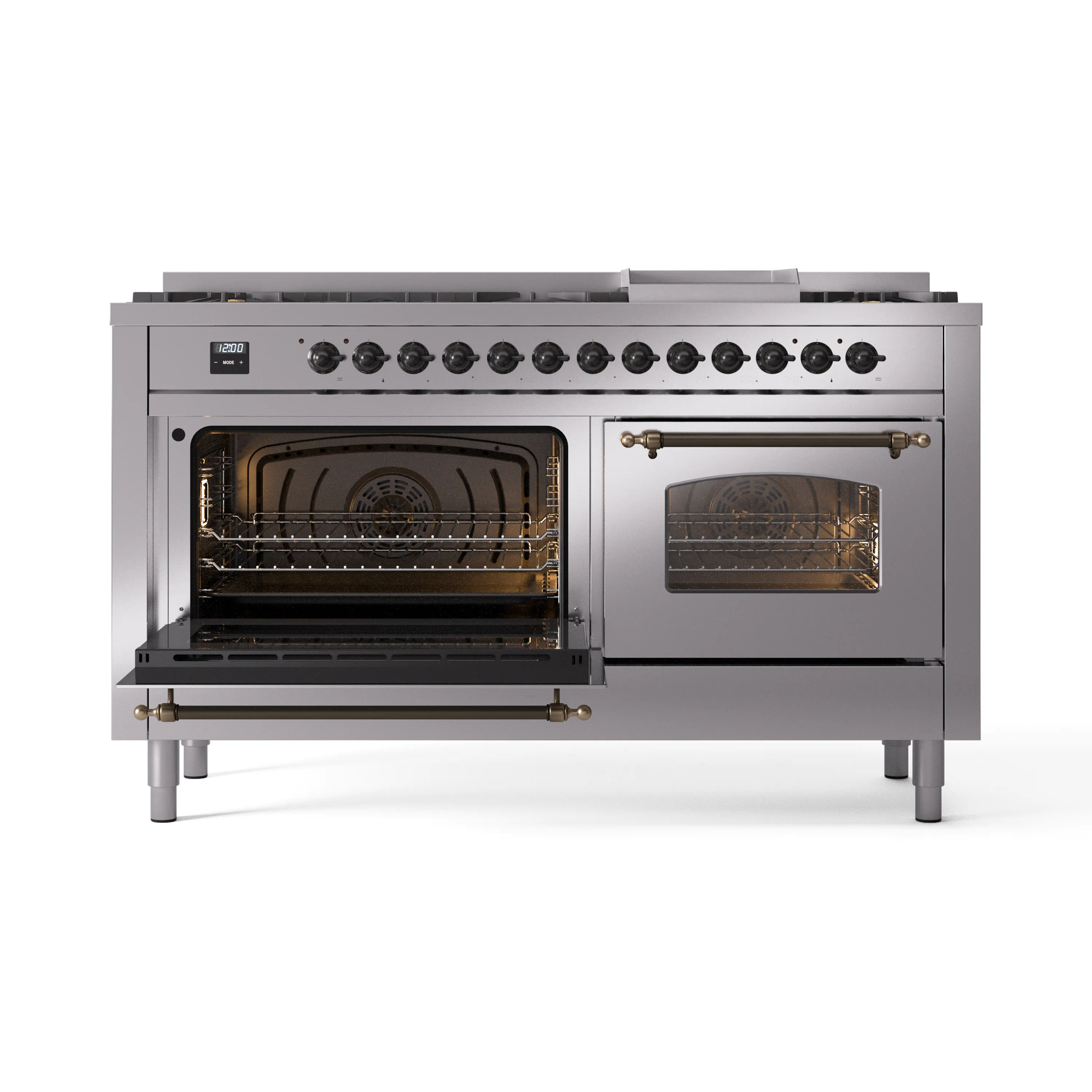 ILVE 60-Inch Nostalgie II Natural Gas Dual Fuel Range with 9 Burners, Griddle and Triple Glass Door Oven in Stainless Steel with Bronze Trim (UP60FNMPSSB) - Image 7