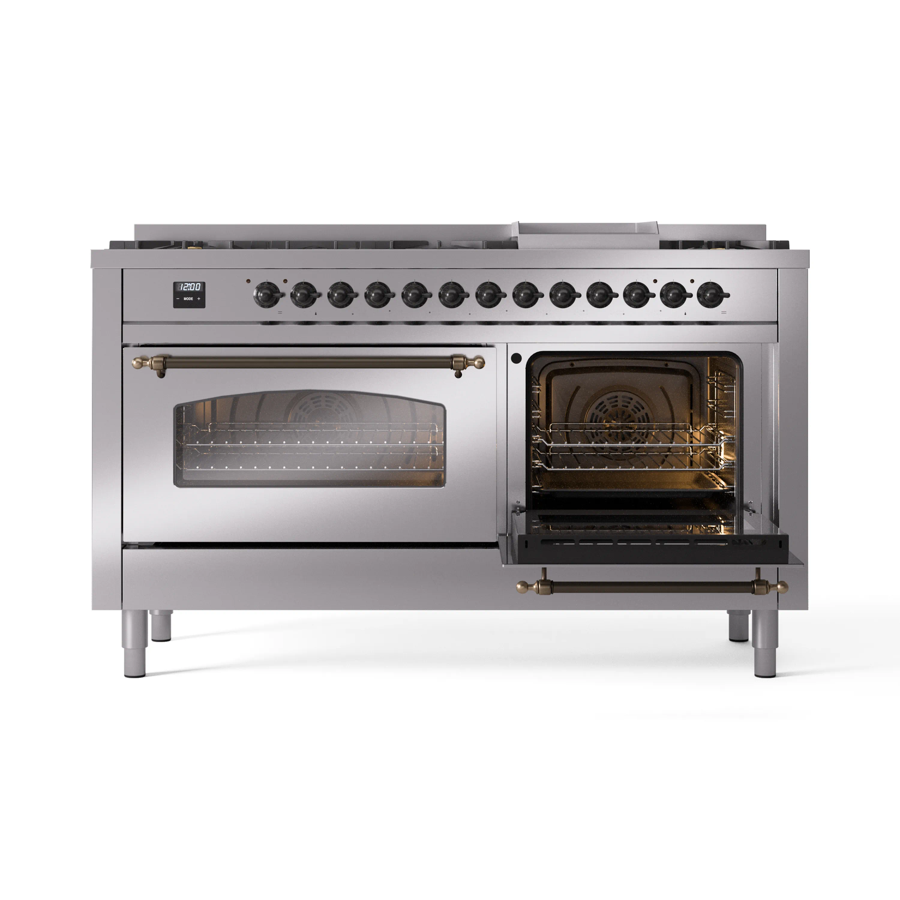 ILVE 60-Inch Nostalgie II Natural Gas Dual Fuel Range with 9 Burners, Griddle and Triple Glass Door Oven in Stainless Steel with Bronze Trim (UP60FNMPSSB) - Image 9
