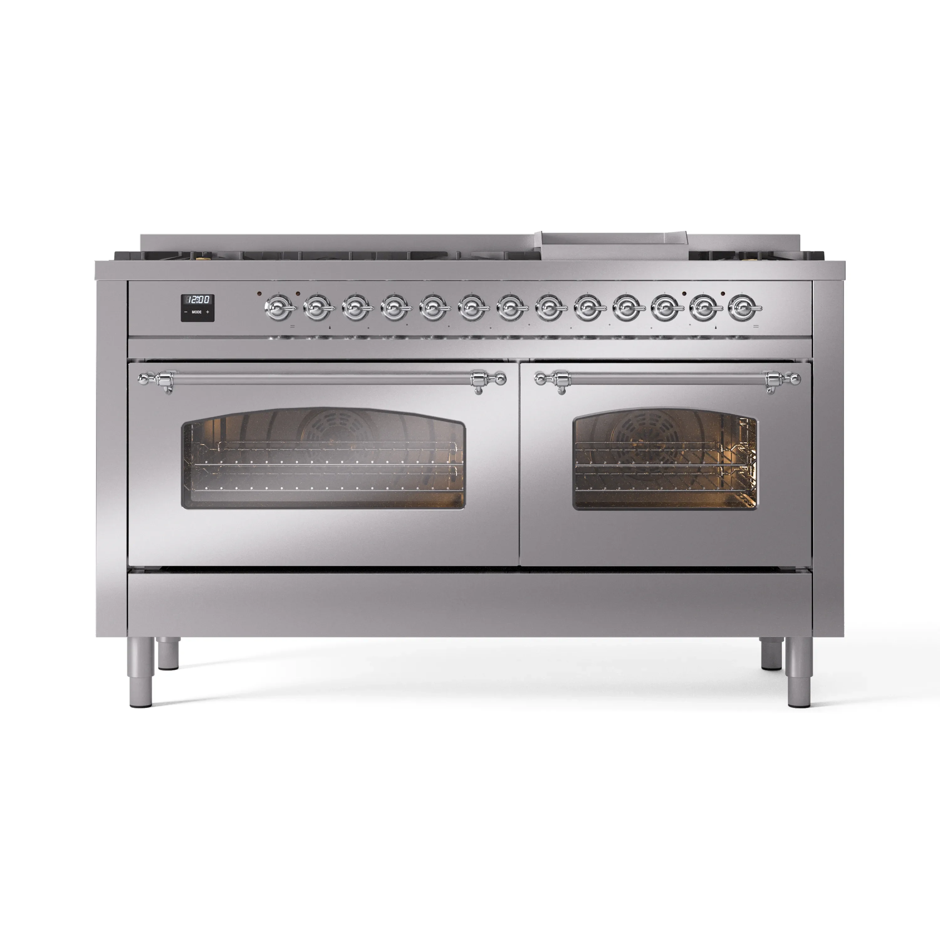 ILVE 60-Inch Nostalgie II Natural Gas Dual Fuel Range with 9 Burners, Griddle and Triple Glass Door Oven in Stainless Steel with Chrome Trim (UP60FNMPSSC) - Image 2