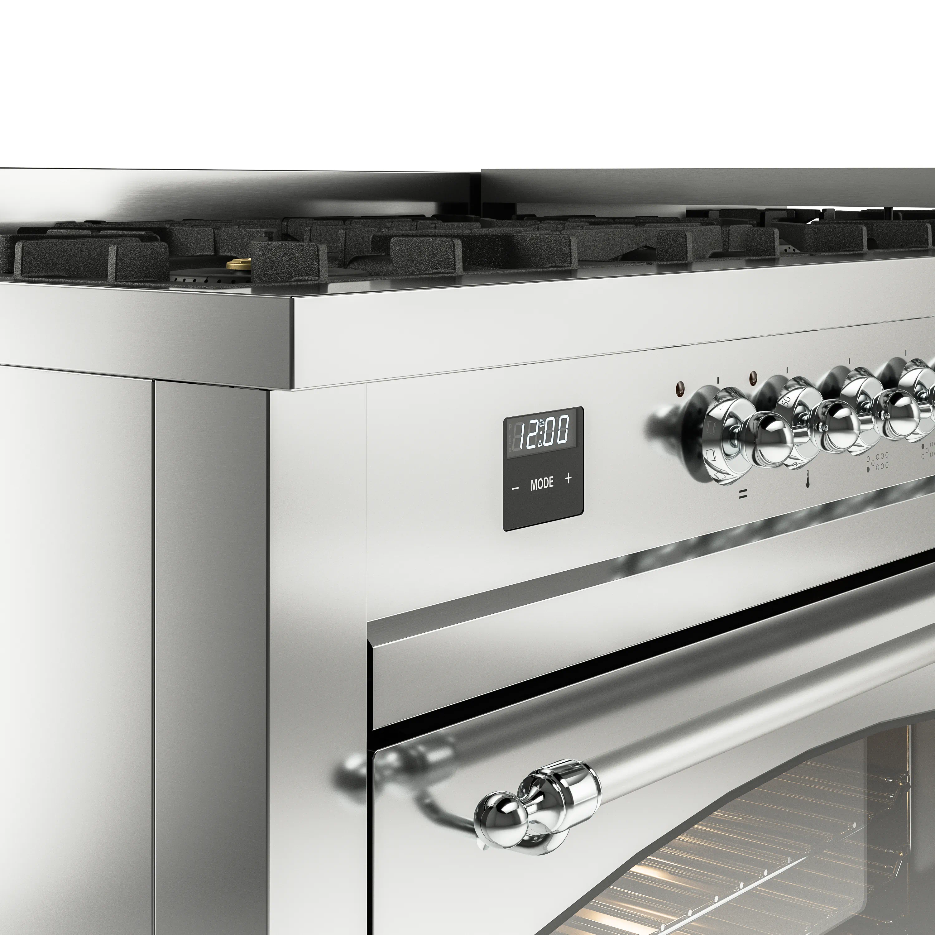 ILVE 60-Inch Nostalgie II Natural Gas Dual Fuel Range with 9 Burners, Griddle and Triple Glass Door Oven in Stainless Steel with Chrome Trim (UP60FNMPSSC) - Image 3