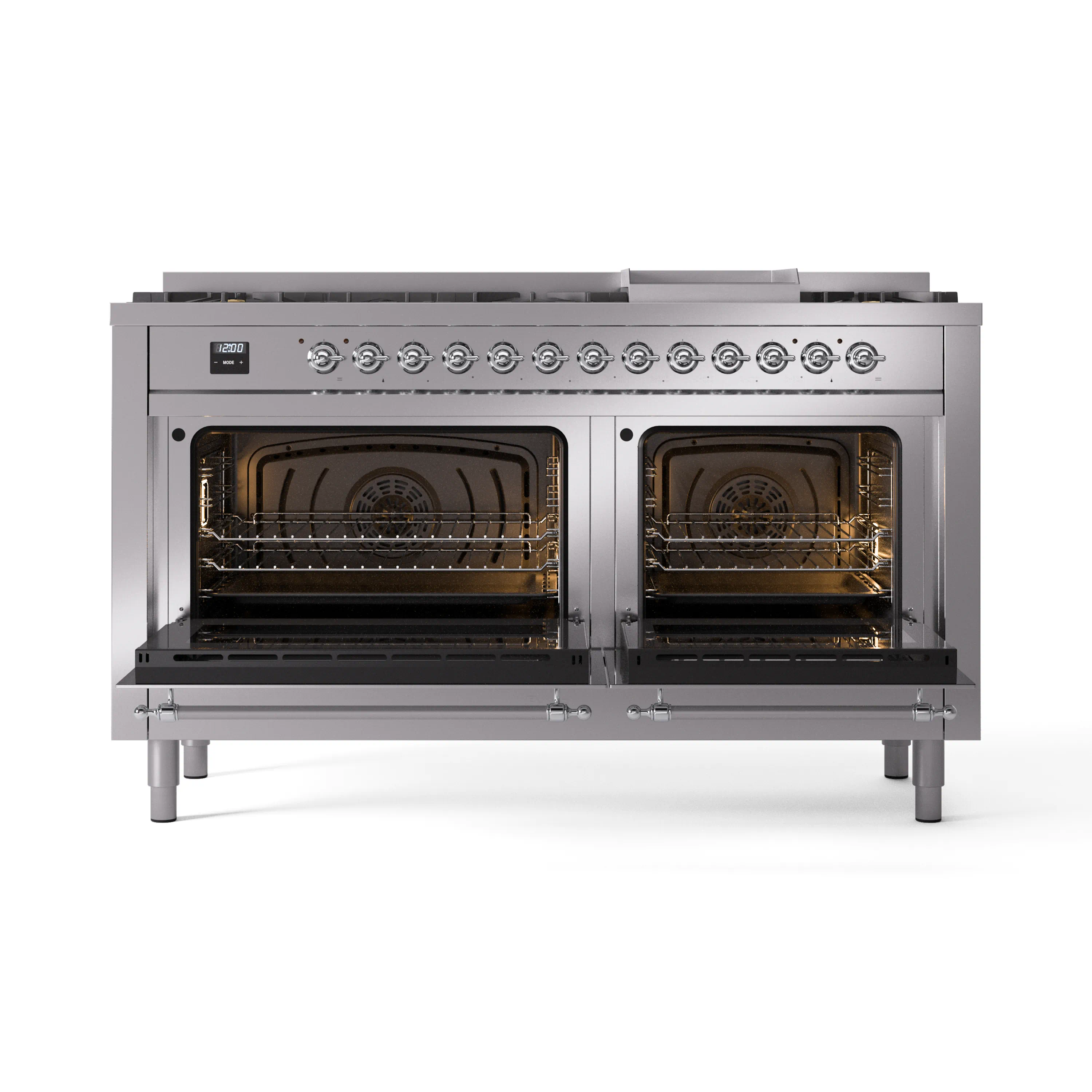 ILVE 60-Inch Nostalgie II Natural Gas Dual Fuel Range with 9 Burners, Griddle and Triple Glass Door Oven in Stainless Steel with Chrome Trim (UP60FNMPSSC) - Image 5