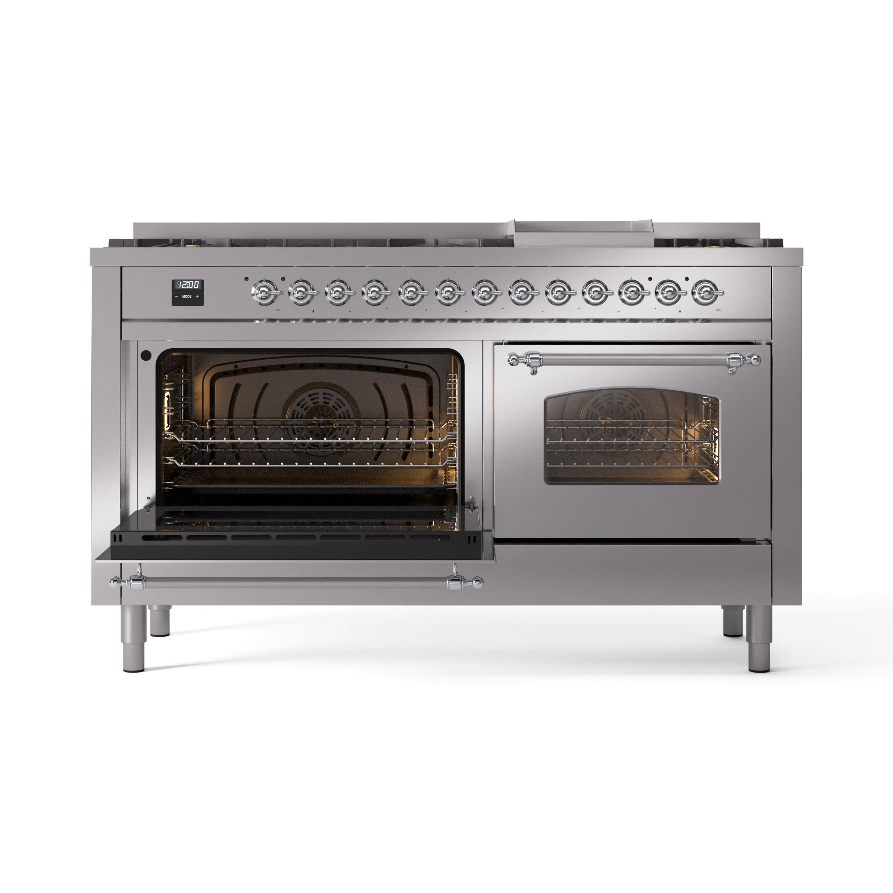 ILVE 60-Inch Nostalgie II Natural Gas Dual Fuel Range with 9 Burners, Griddle and Triple Glass Door Oven in Stainless Steel with Chrome Trim (UP60FNMPSSC) - Image 7