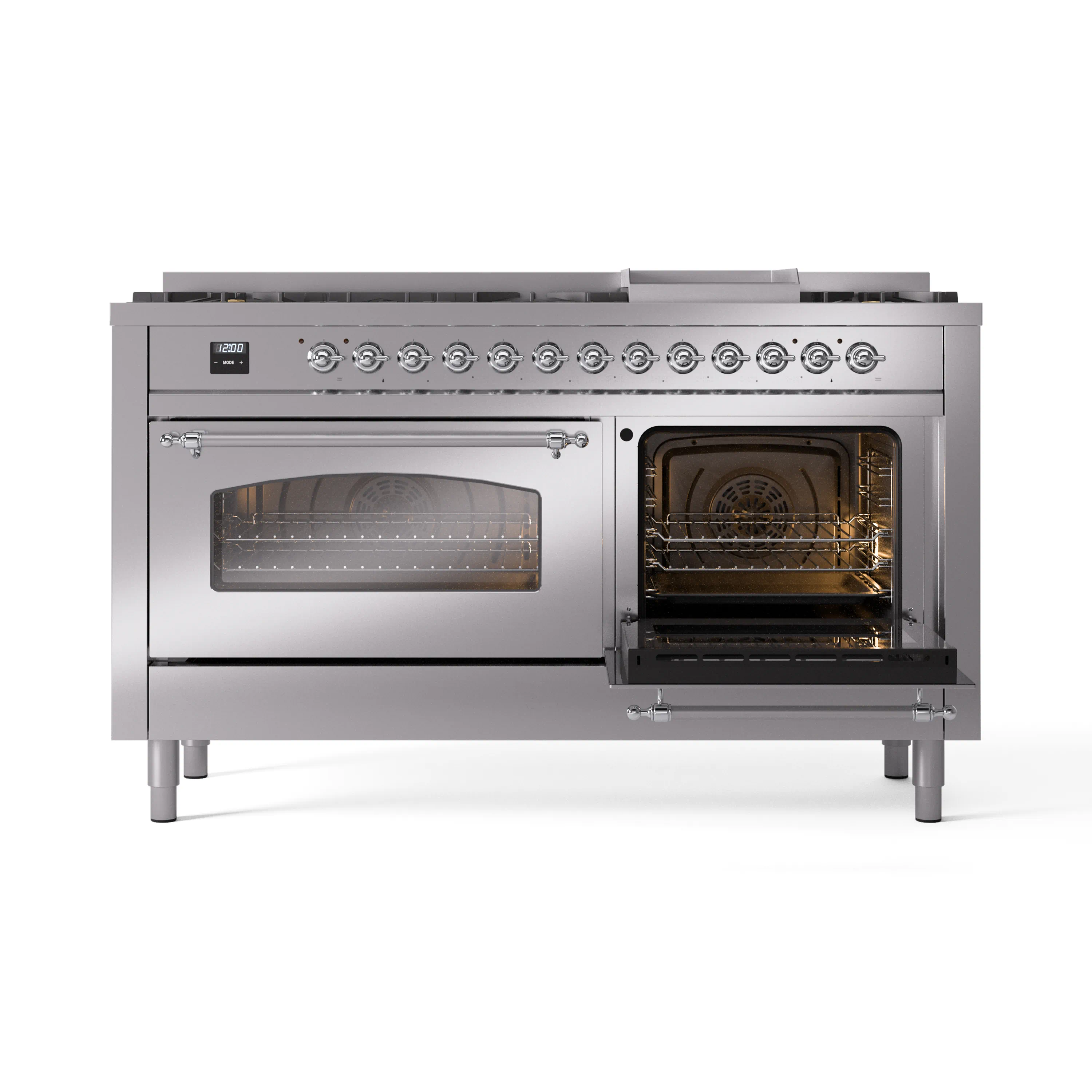 ILVE 60-Inch Nostalgie II Natural Gas Dual Fuel Range with 9 Burners, Griddle and Triple Glass Door Oven in Stainless Steel with Chrome Trim (UP60FNMPSSC) - Image 8