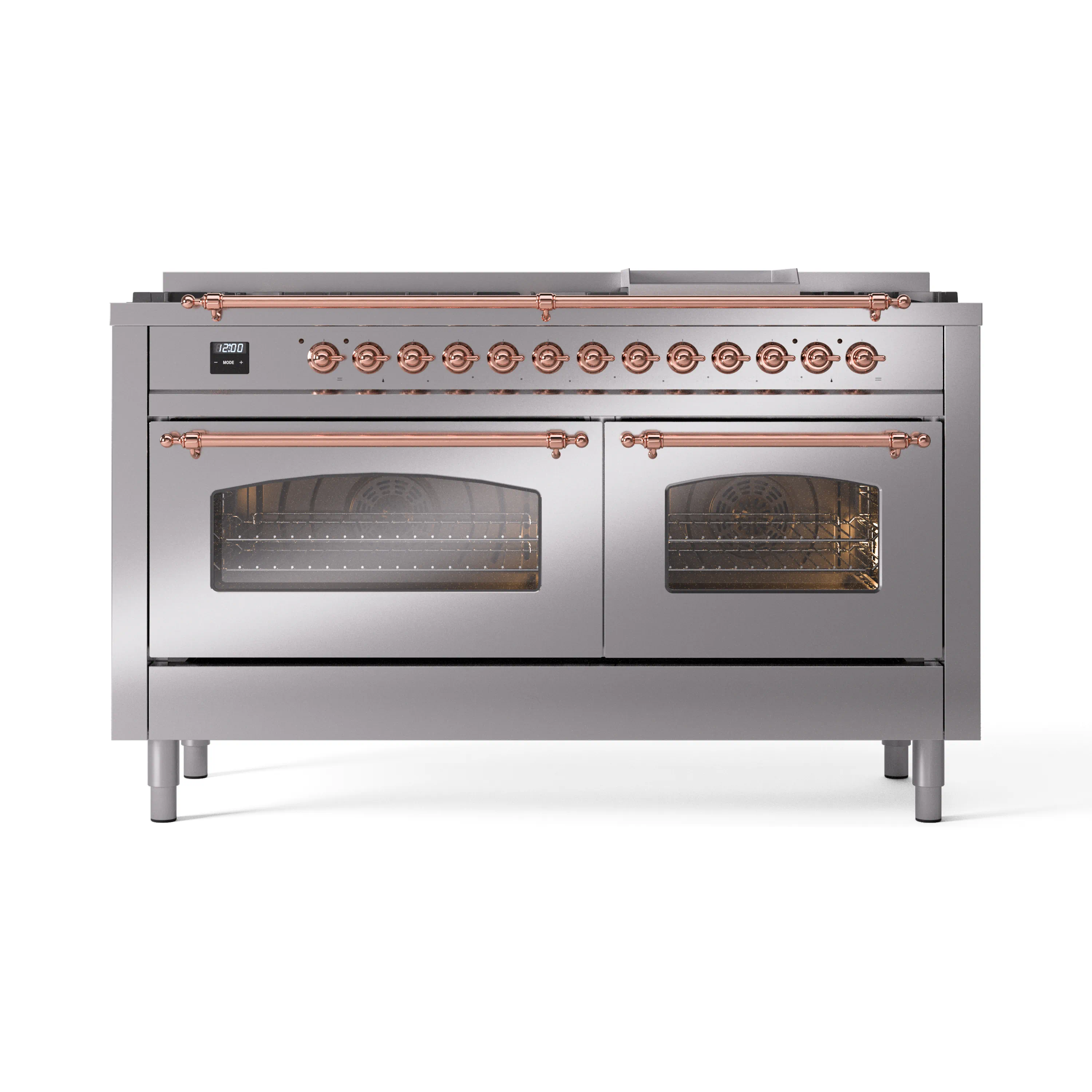 ILVE 60-Inch Nostalgie II Natural Gas Dual Fuel Range with 9 Burners, Griddle and Triple Glass Door Oven in Stainless Steel with Copper Trim (UP60FNMPSSP) - Image 2