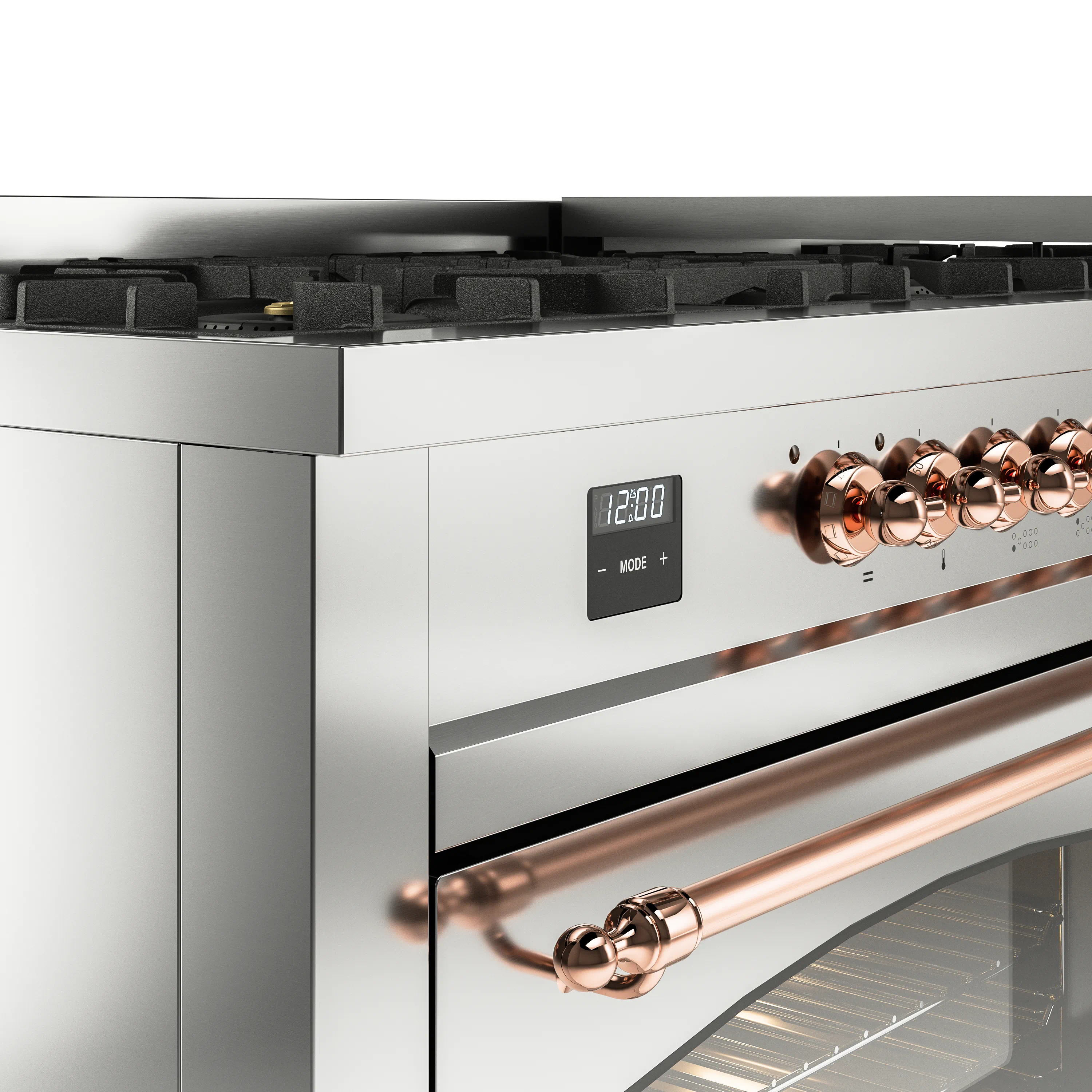 ILVE 60-Inch Nostalgie II Natural Gas Dual Fuel Range with 9 Burners, Griddle and Triple Glass Door Oven in Stainless Steel with Copper Trim (UP60FNMPSSP) - Image 3