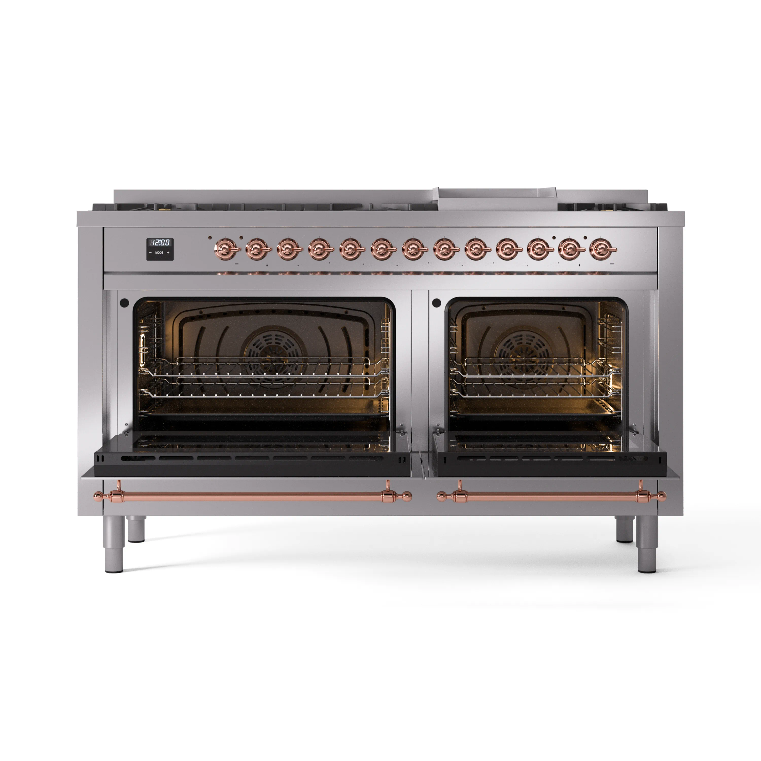 ILVE 60-Inch Nostalgie II Natural Gas Dual Fuel Range with 9 Burners, Griddle and Triple Glass Door Oven in Stainless Steel with Copper Trim (UP60FNMPSSP) - Image 5