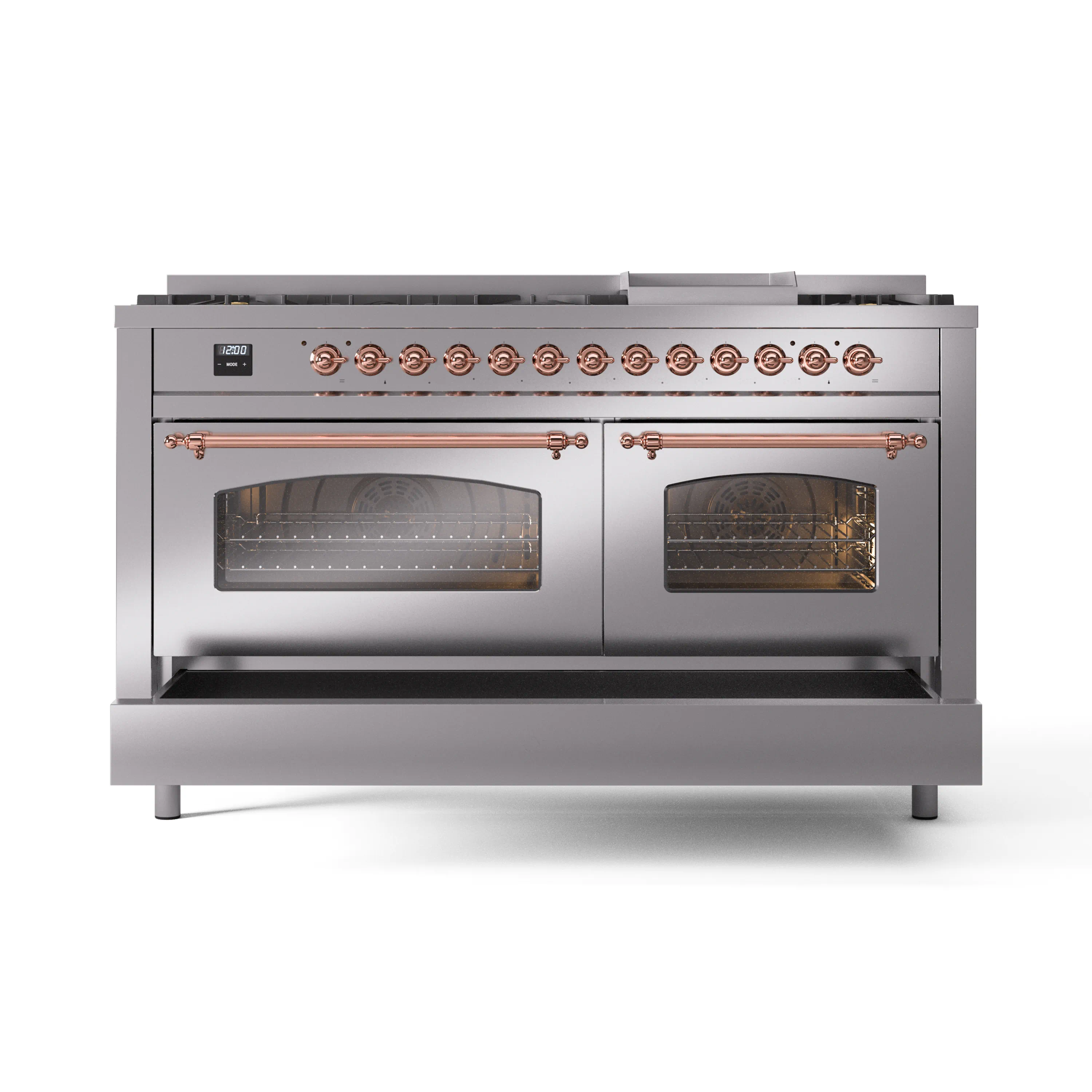 ILVE 60-Inch Nostalgie II Natural Gas Dual Fuel Range with 9 Burners, Griddle and Triple Glass Door Oven in Stainless Steel with Copper Trim (UP60FNMPSSP) - Image 6