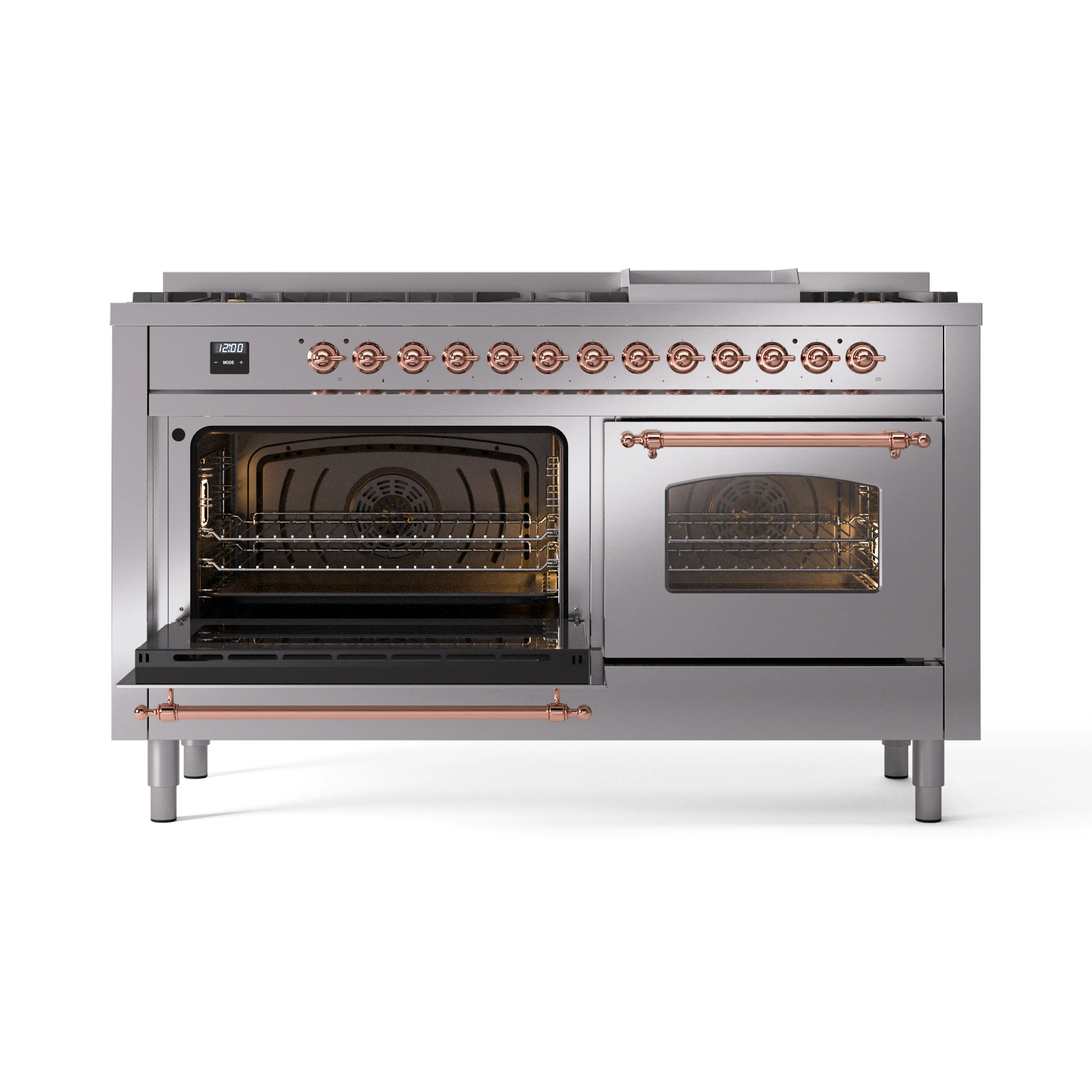 ILVE 60-Inch Nostalgie II Natural Gas Dual Fuel Range with 9 Burners, Griddle and Triple Glass Door Oven in Stainless Steel with Copper Trim (UP60FNMPSSP) - Image 8