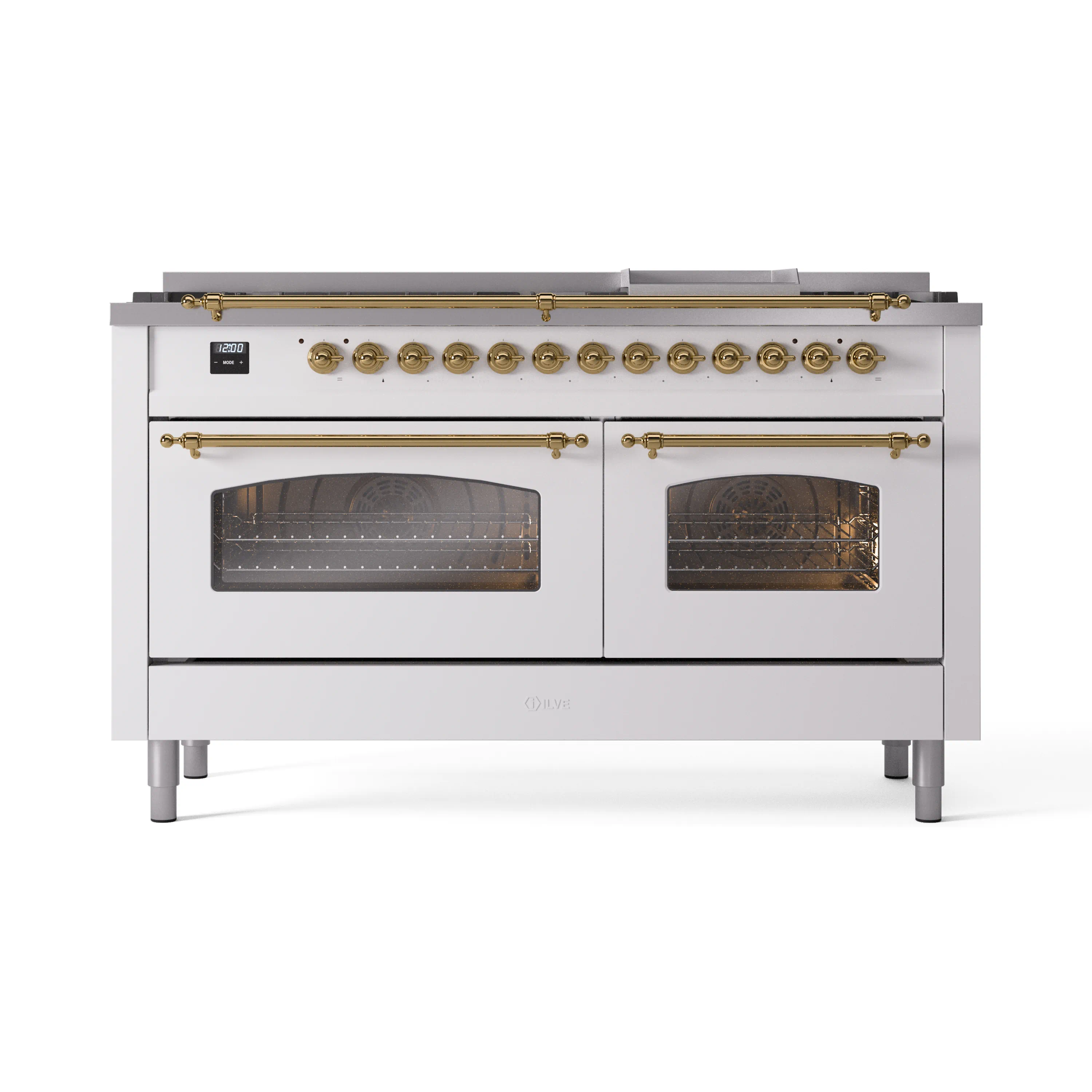 ILVE 60-Inch Nostalgie II Natural Gas Dual Fuel Range with 9 Burners, Griddle and Triple Glass Door Oven in White with Brass Trim (UP60FNMPWHG) - Image 2