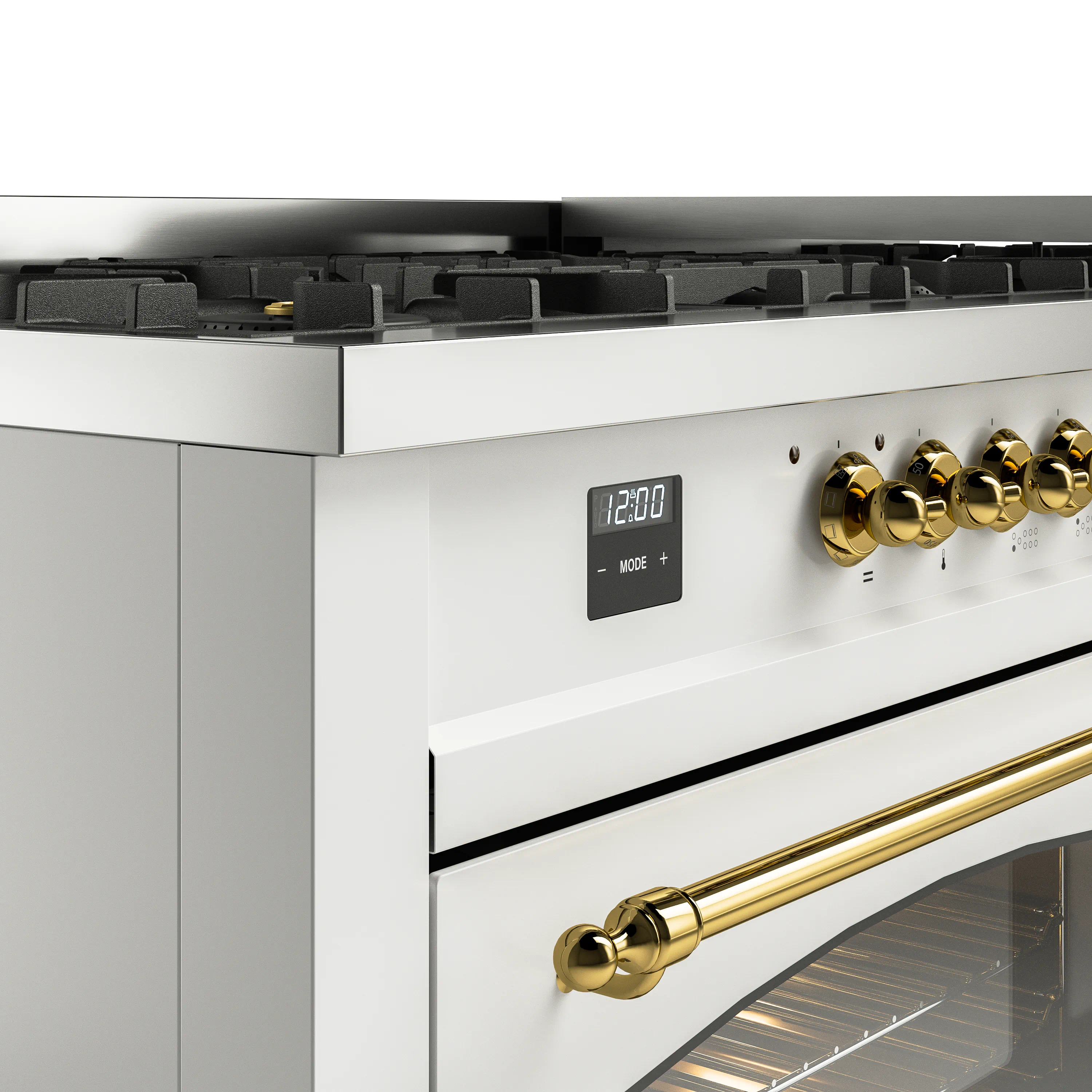 ILVE 60-Inch Nostalgie II Natural Gas Dual Fuel Range with 9 Burners, Griddle and Triple Glass Door Oven in White with Brass Trim (UP60FNMPWHG) - Image 3