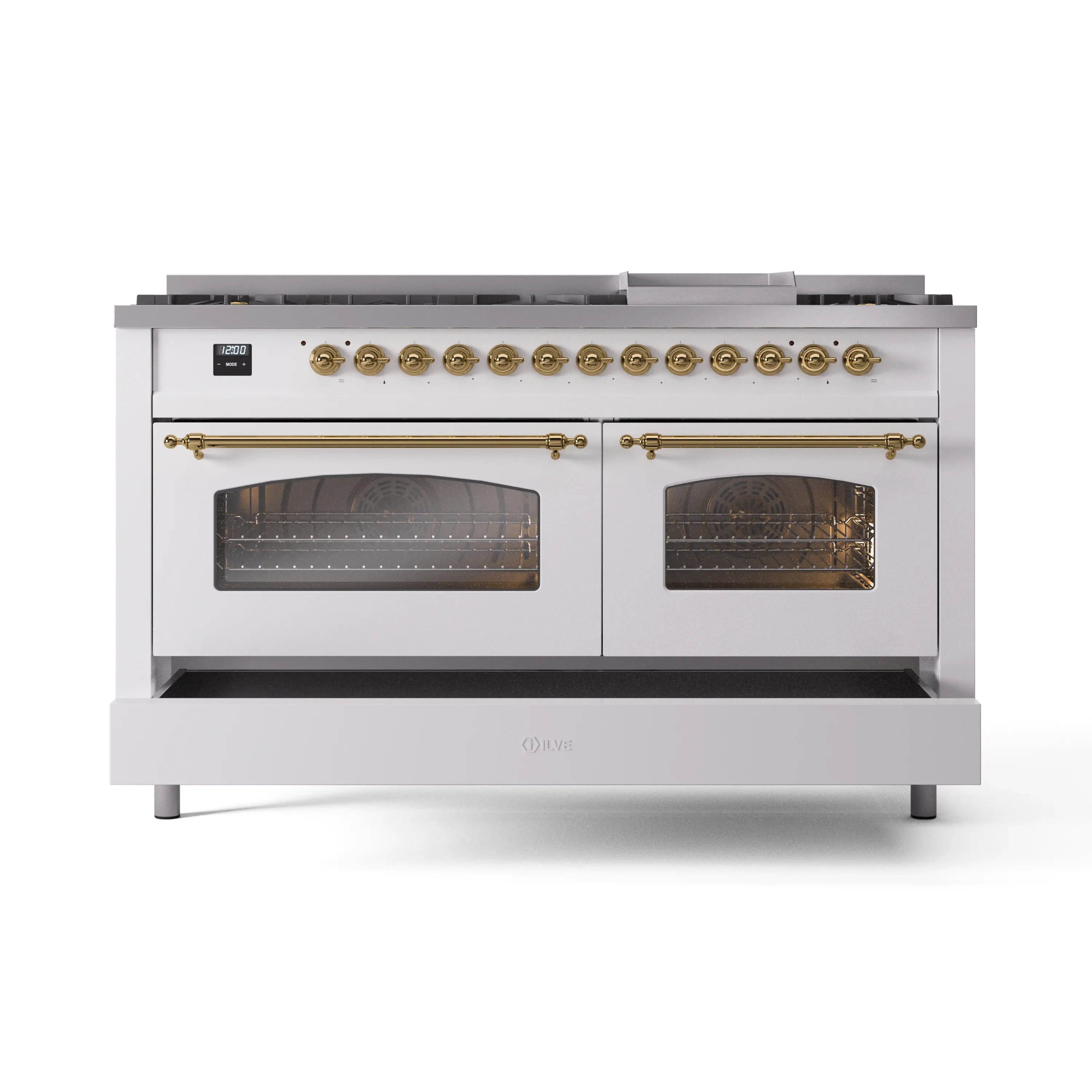 ILVE 60-Inch Nostalgie II Natural Gas Dual Fuel Range with 9 Burners, Griddle and Triple Glass Door Oven in White with Brass Trim (UP60FNMPWHG) - Image 6