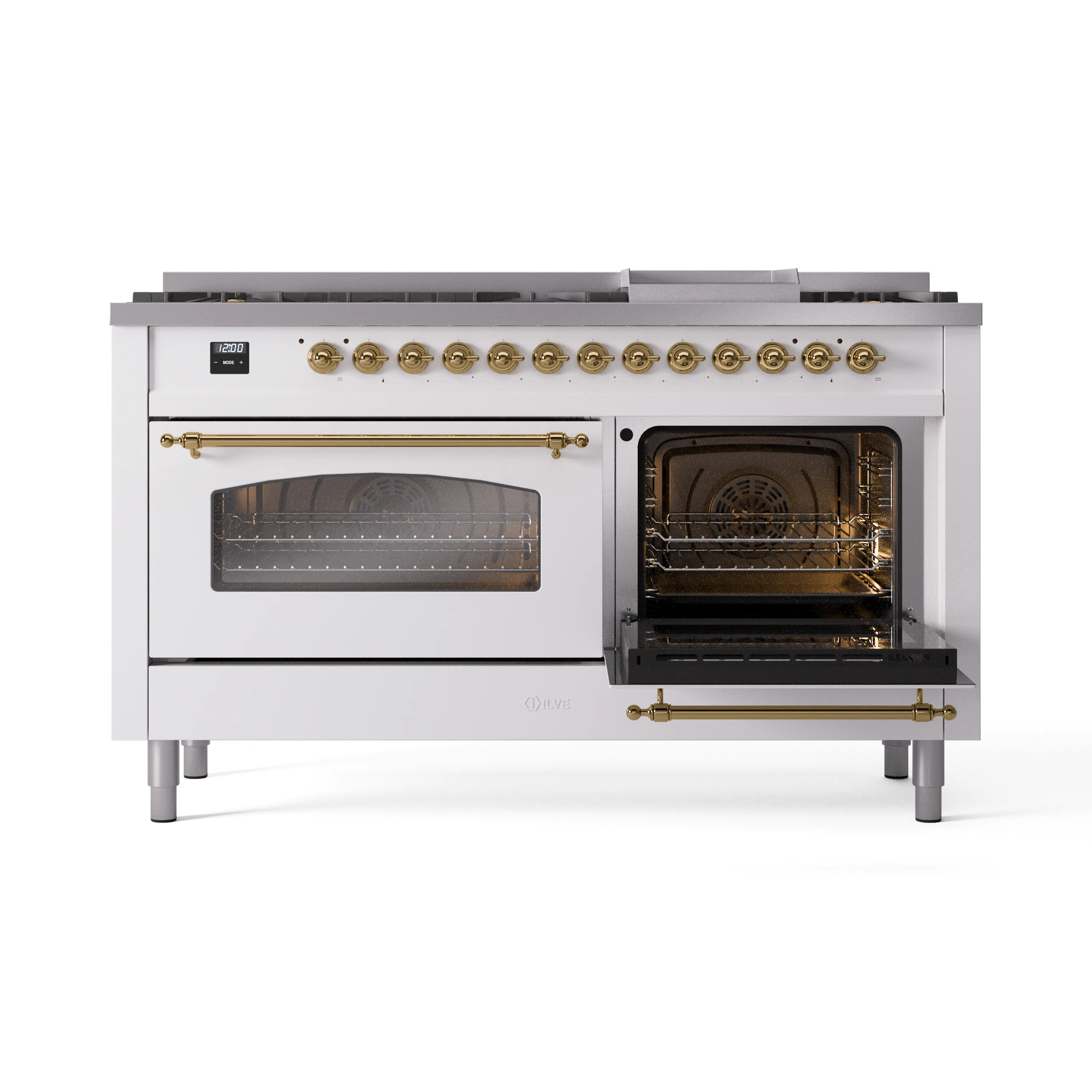 ILVE 60-Inch Nostalgie II Natural Gas Dual Fuel Range with 9 Burners, Griddle and Triple Glass Door Oven in White with Brass Trim (UP60FNMPWHG) - Image 8