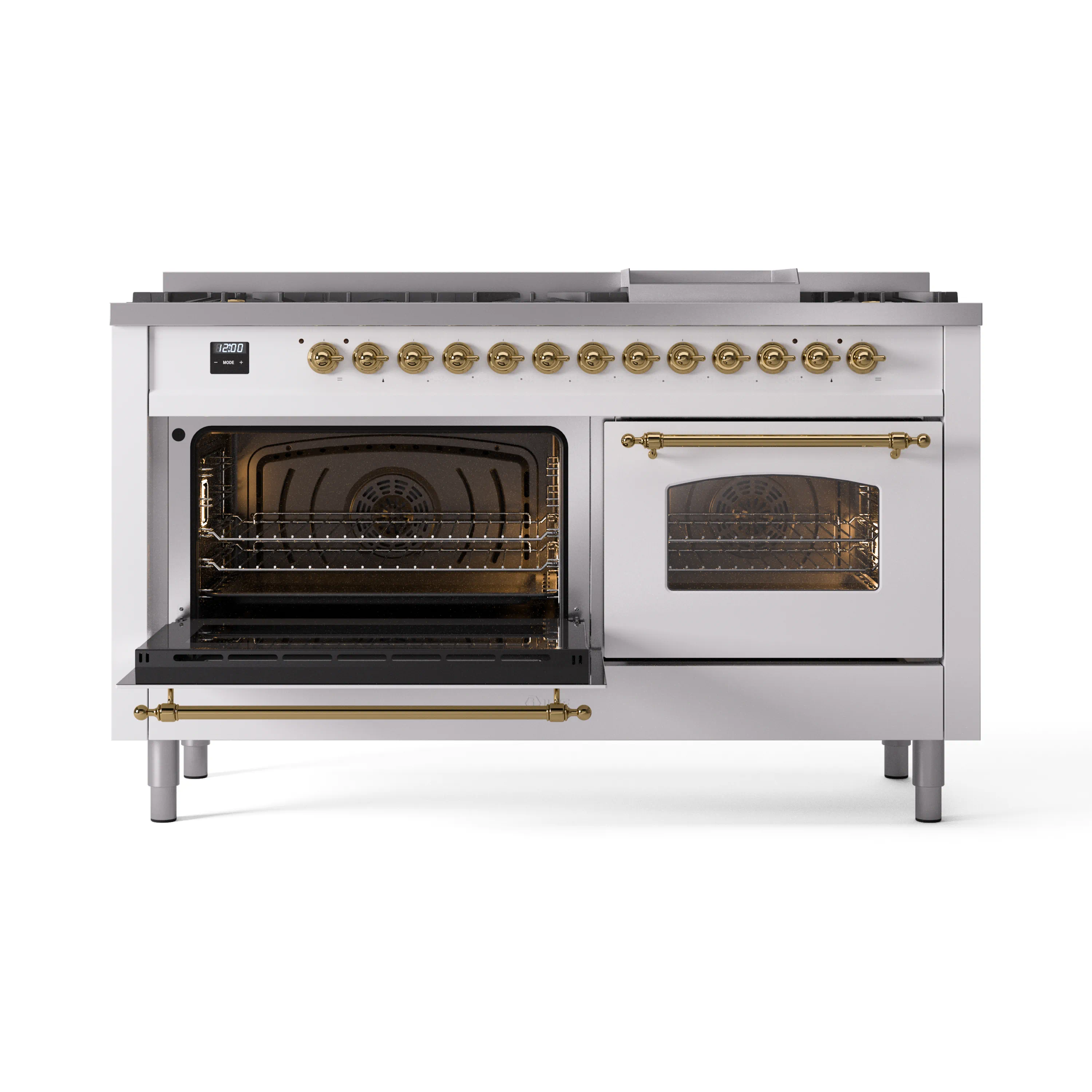 ILVE 60-Inch Nostalgie II Natural Gas Dual Fuel Range with 9 Burners, Griddle and Triple Glass Door Oven in White with Brass Trim (UP60FNMPWHG) - Image 9
