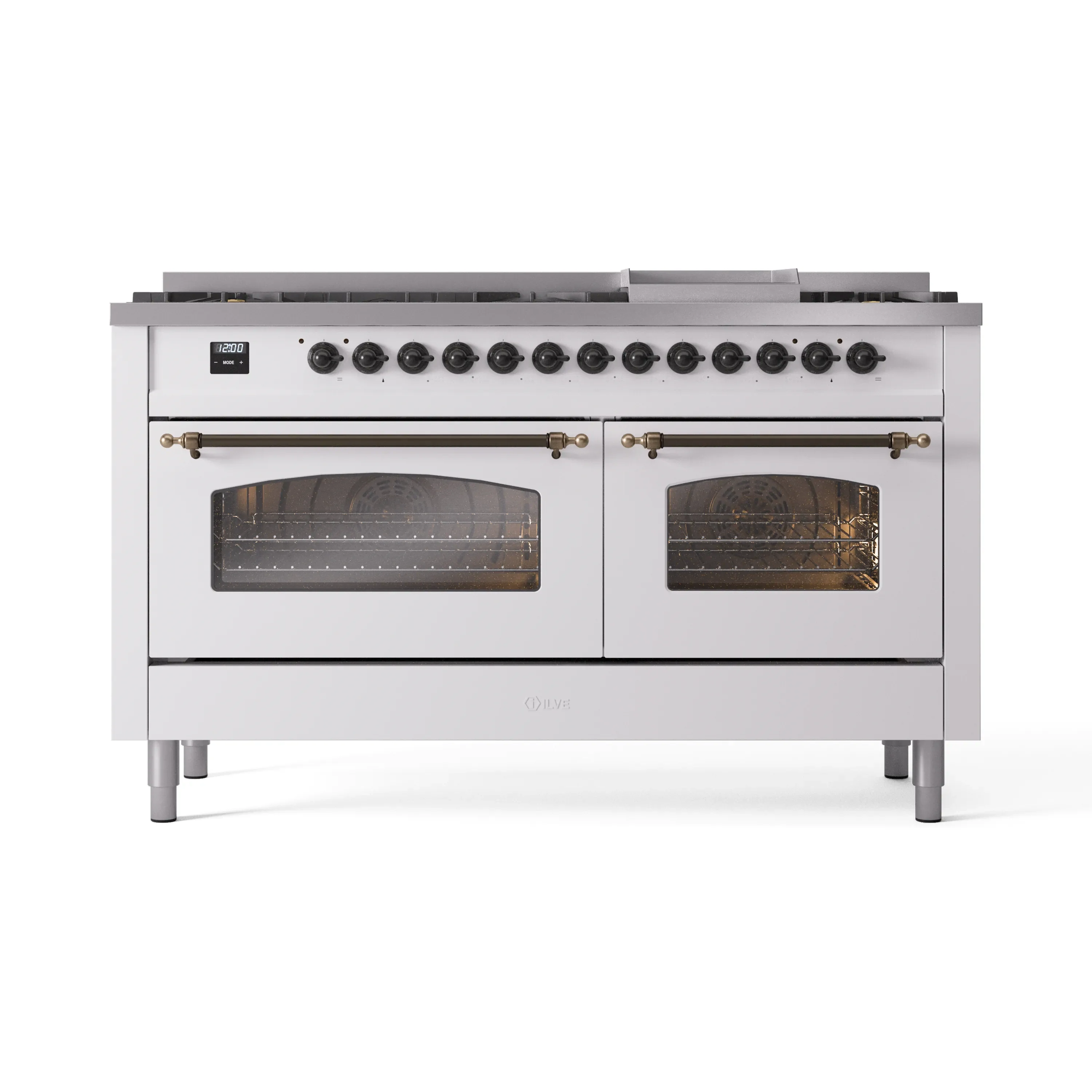 ILVE 60-Inch Nostalgie II Natural Gas Dual Fuel Range with 9 Burners, Griddle and Triple Glass Door Oven in White with Bronze Trim (UP60FNMPWHB) - Image 2