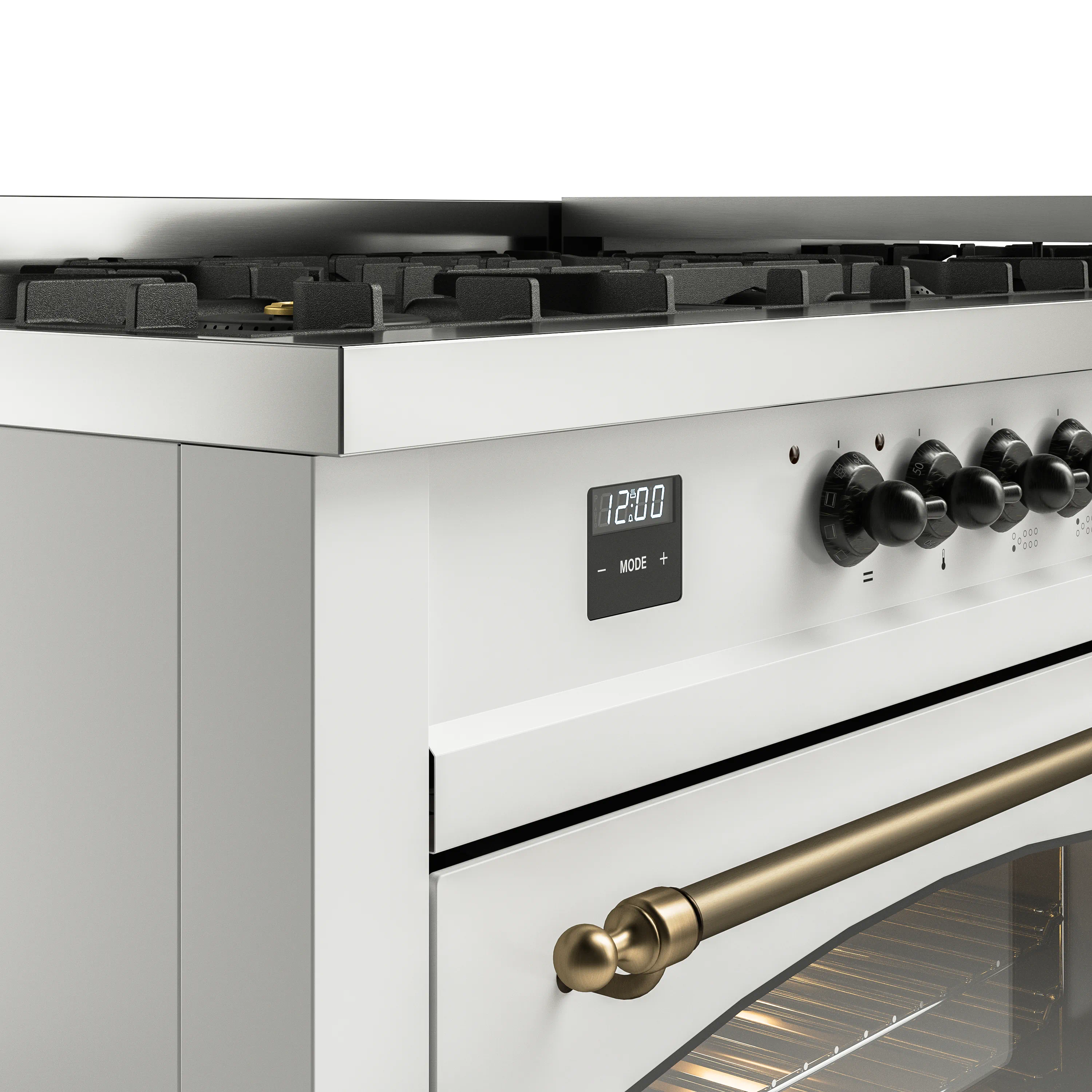 ILVE 60-Inch Nostalgie II Natural Gas Dual Fuel Range with 9 Burners, Griddle and Triple Glass Door Oven in White with Bronze Trim (UP60FNMPWHB) - Image 3