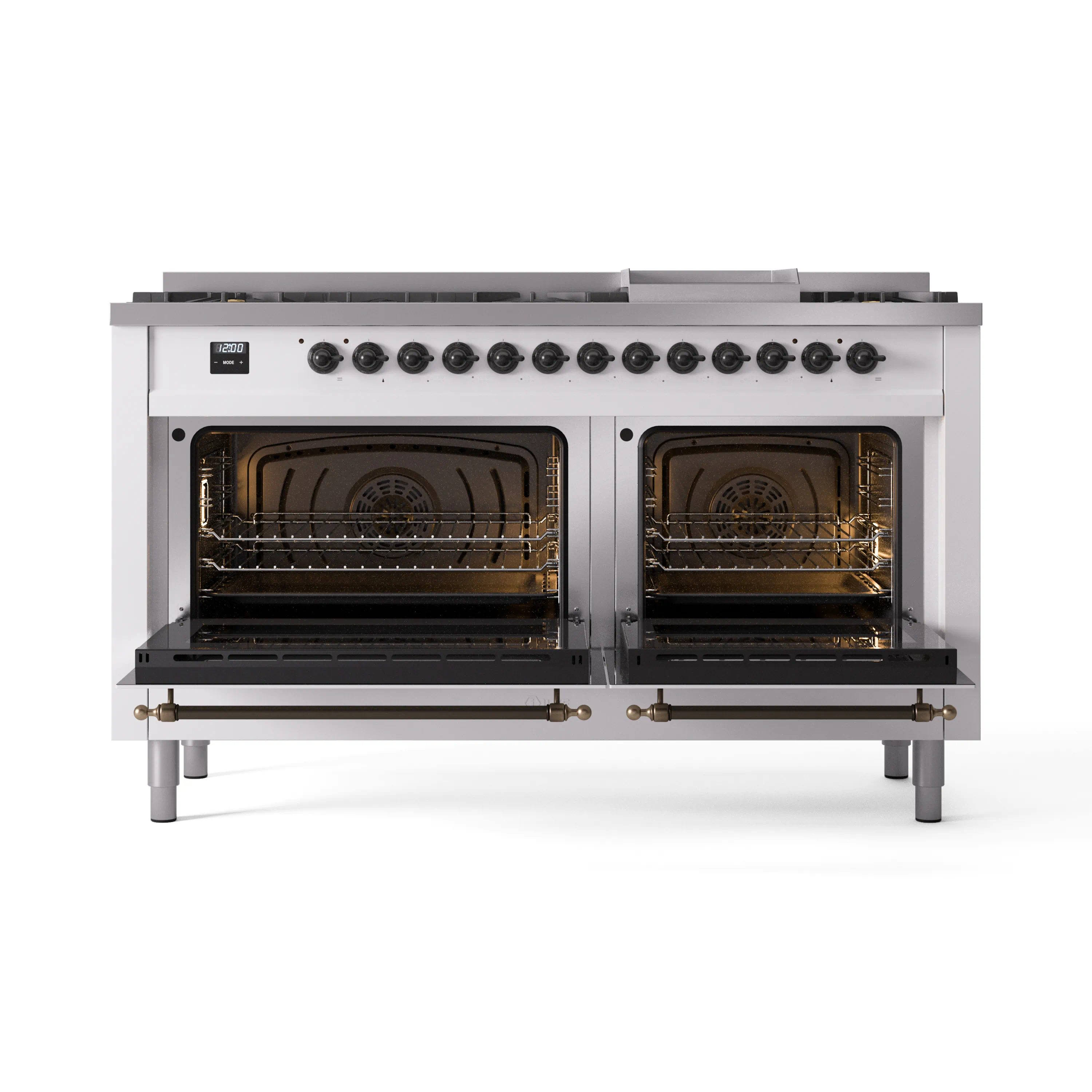 ILVE 60-Inch Nostalgie II Natural Gas Dual Fuel Range with 9 Burners, Griddle and Triple Glass Door Oven in White with Bronze Trim (UP60FNMPWHB) - Image 5