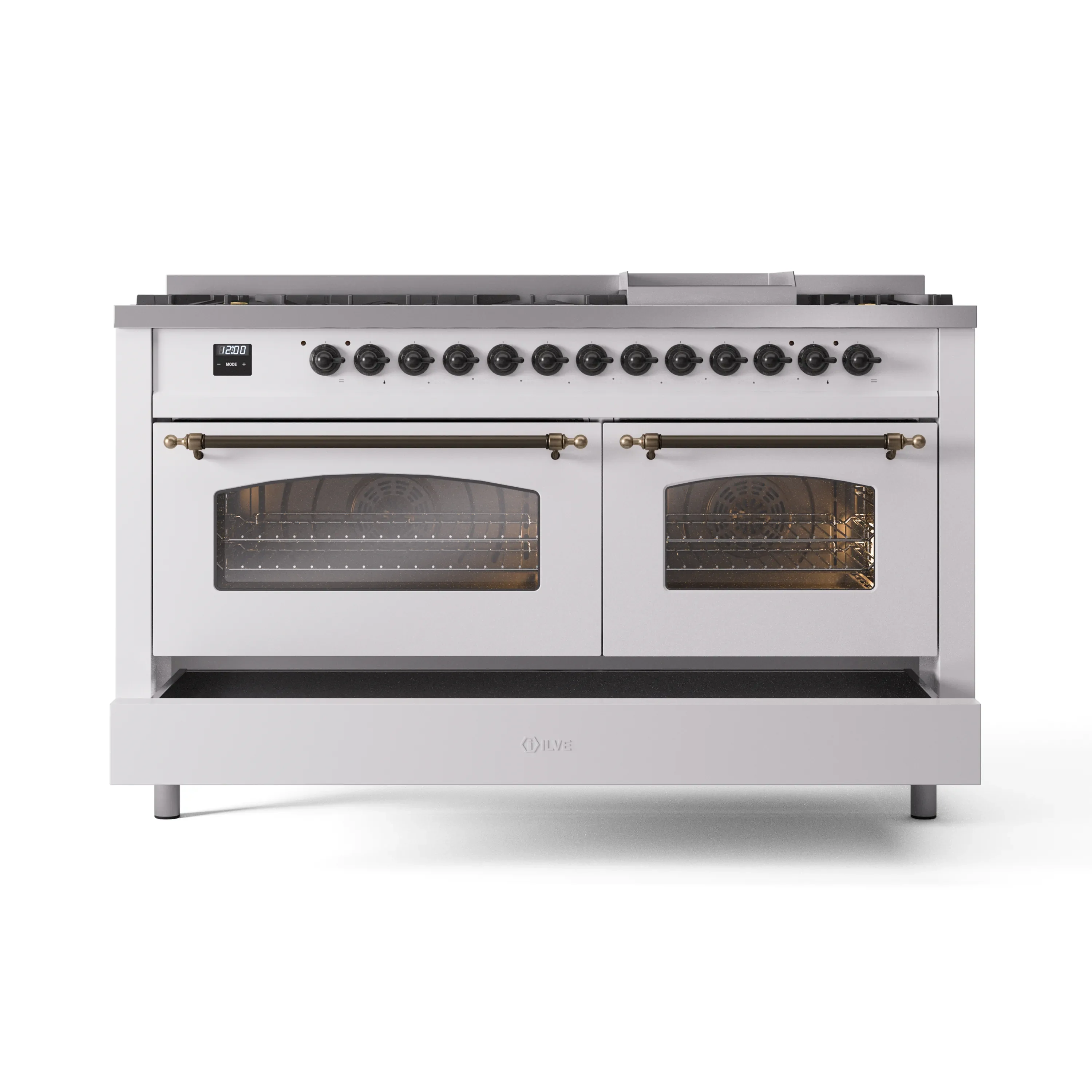 ILVE 60-Inch Nostalgie II Natural Gas Dual Fuel Range with 9 Burners, Griddle and Triple Glass Door Oven in White with Bronze Trim (UP60FNMPWHB) - Image 6