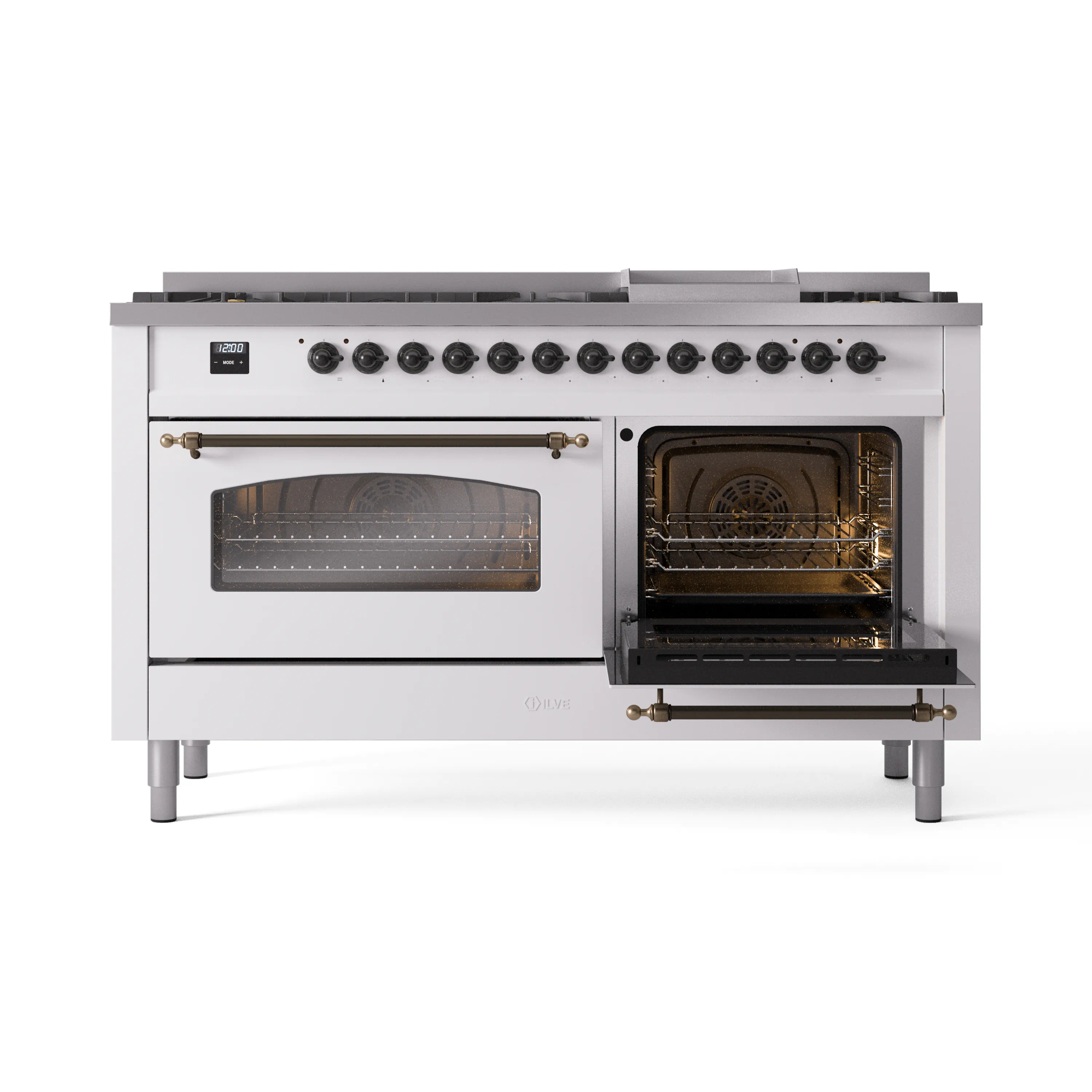 ILVE 60-Inch Nostalgie II Natural Gas Dual Fuel Range with 9 Burners, Griddle and Triple Glass Door Oven in White with Bronze Trim (UP60FNMPWHB) - Image 7