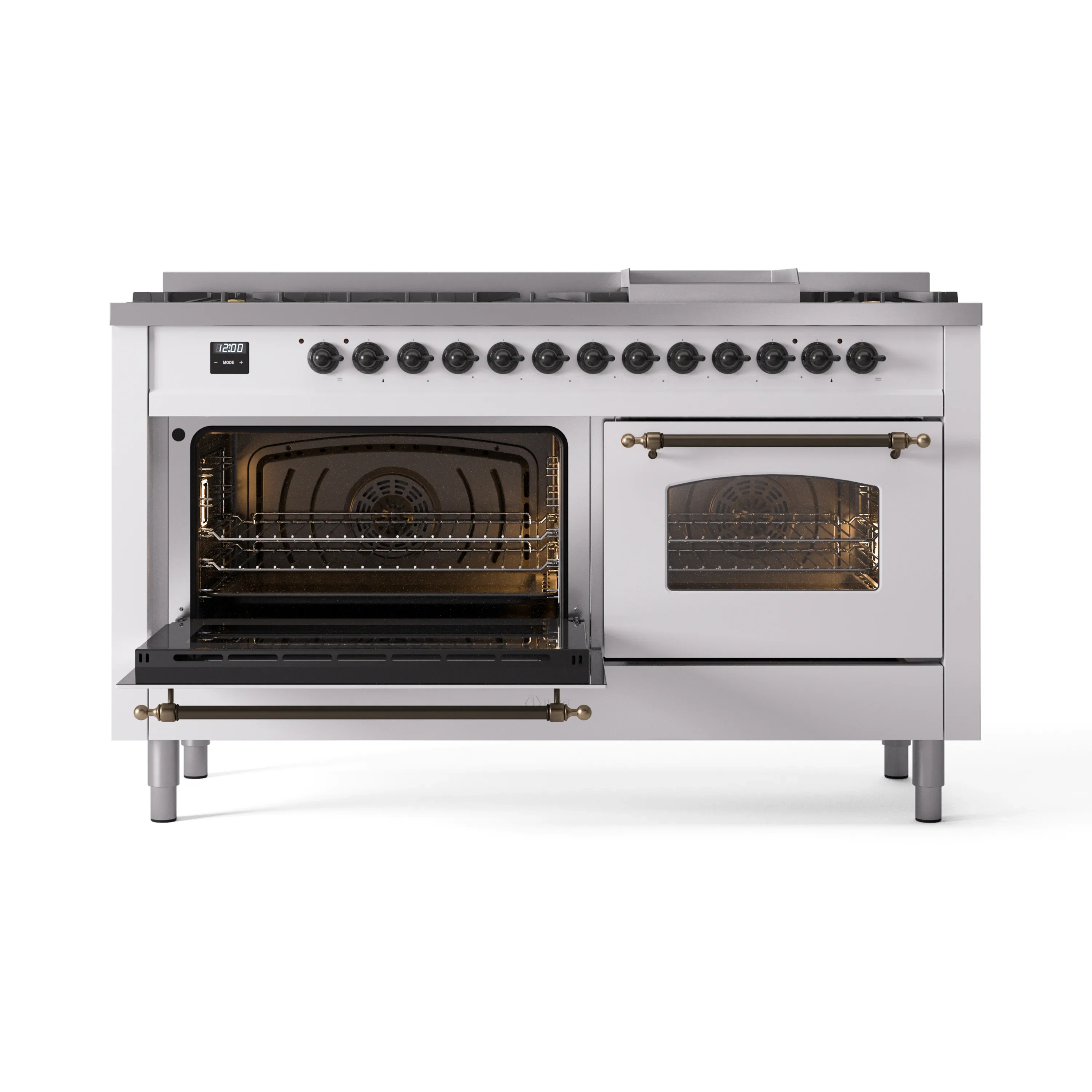 ILVE 60-Inch Nostalgie II Natural Gas Dual Fuel Range with 9 Burners, Griddle and Triple Glass Door Oven in White with Bronze Trim (UP60FNMPWHB) - Image 8