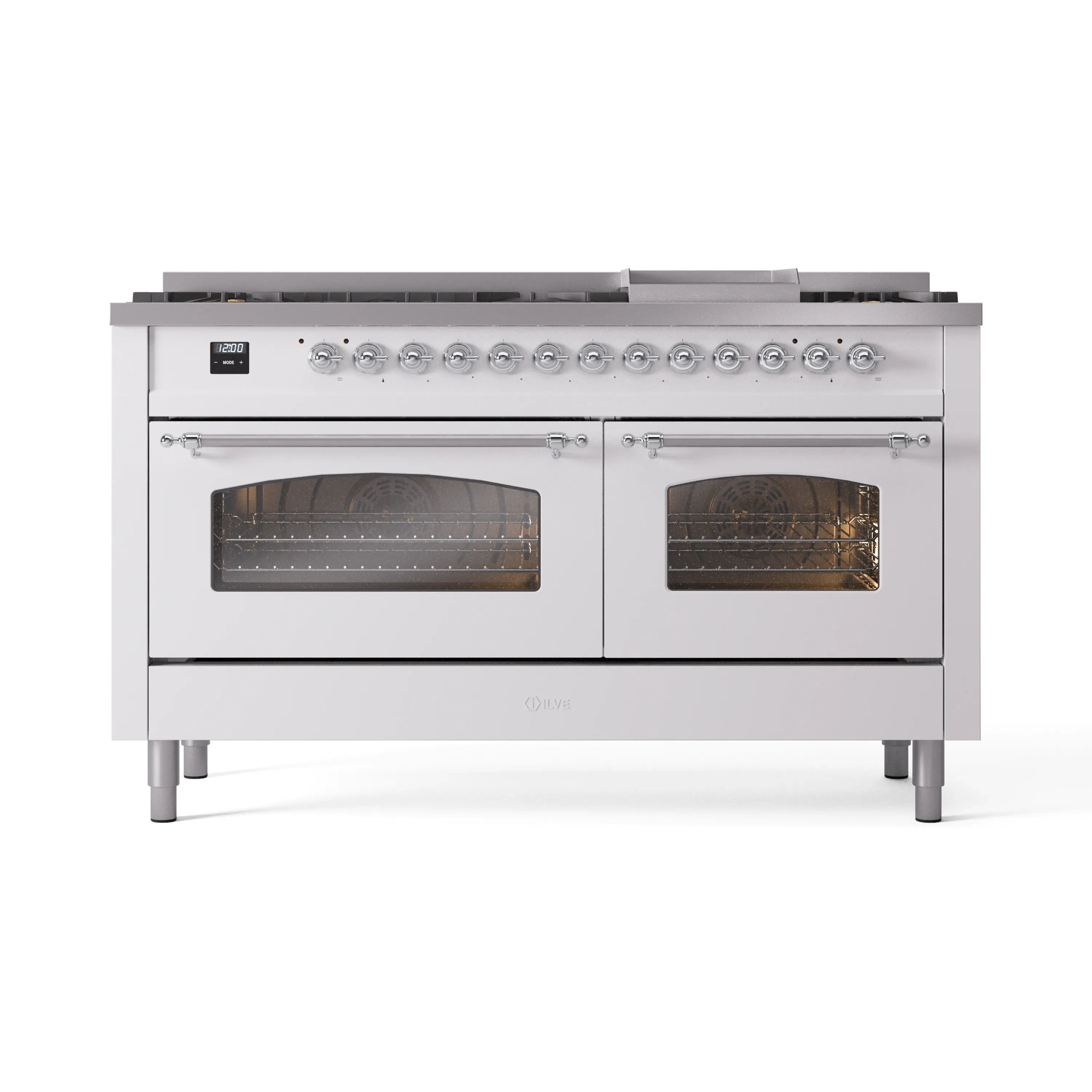 ILVE 60-Inch Nostalgie II Natural Gas Dual Fuel Range with 9 Burners, Griddle and Triple Glass Door Oven in White with Chrome Trim (UP60FNMPWHC) - Image 2