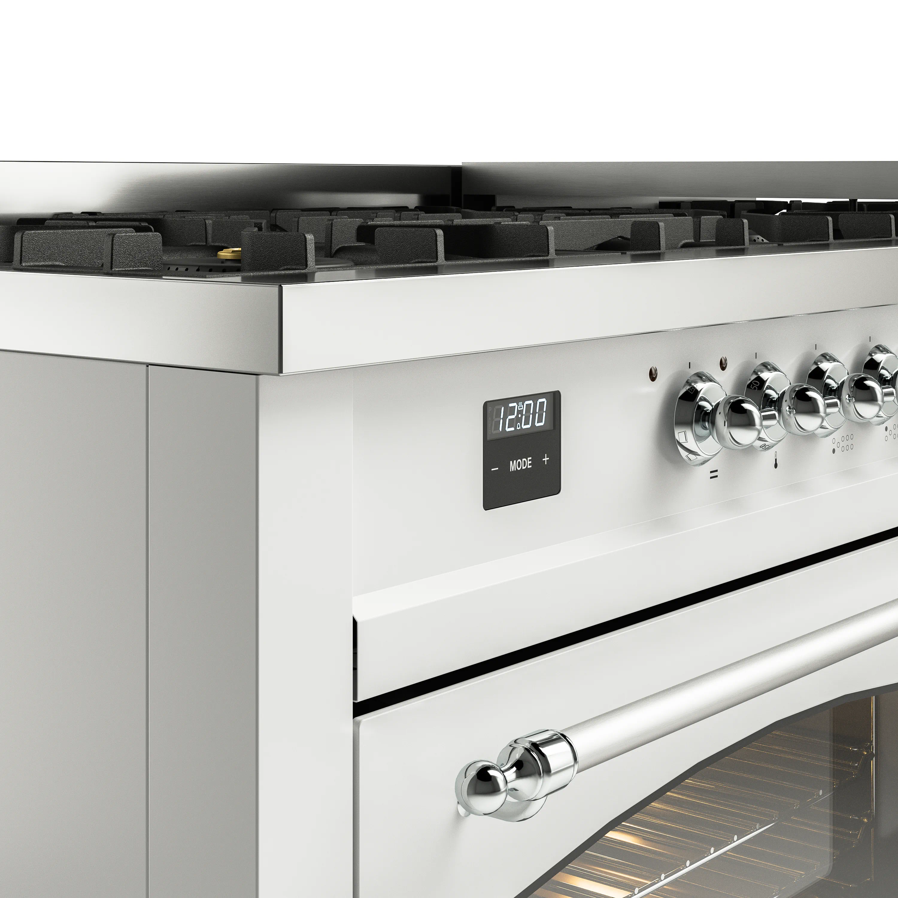ILVE 60-Inch Nostalgie II Natural Gas Dual Fuel Range with 9 Burners, Griddle and Triple Glass Door Oven in White with Chrome Trim (UP60FNMPWHC) - Image 3