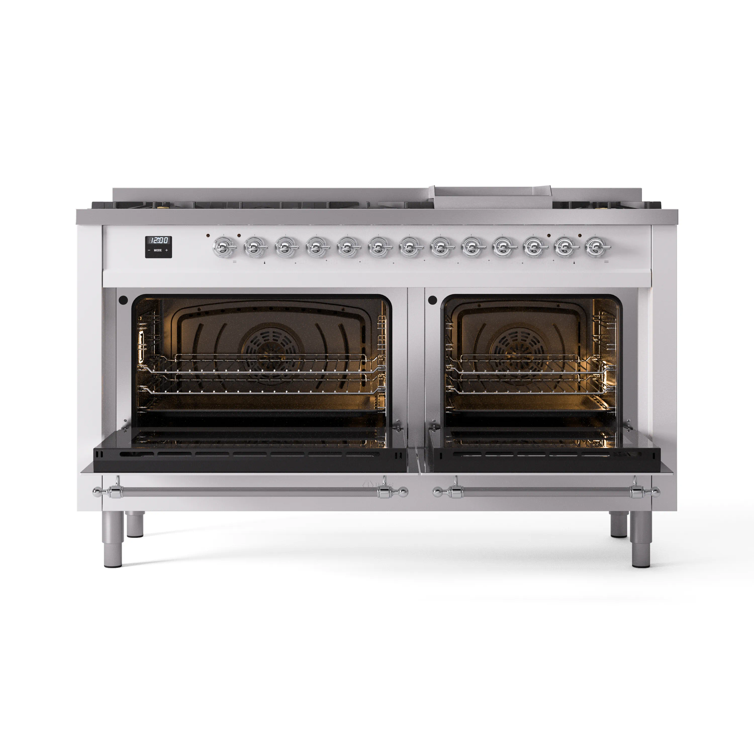 ILVE 60-Inch Nostalgie II Natural Gas Dual Fuel Range with 9 Burners, Griddle and Triple Glass Door Oven in White with Chrome Trim (UP60FNMPWHC) - Image 5