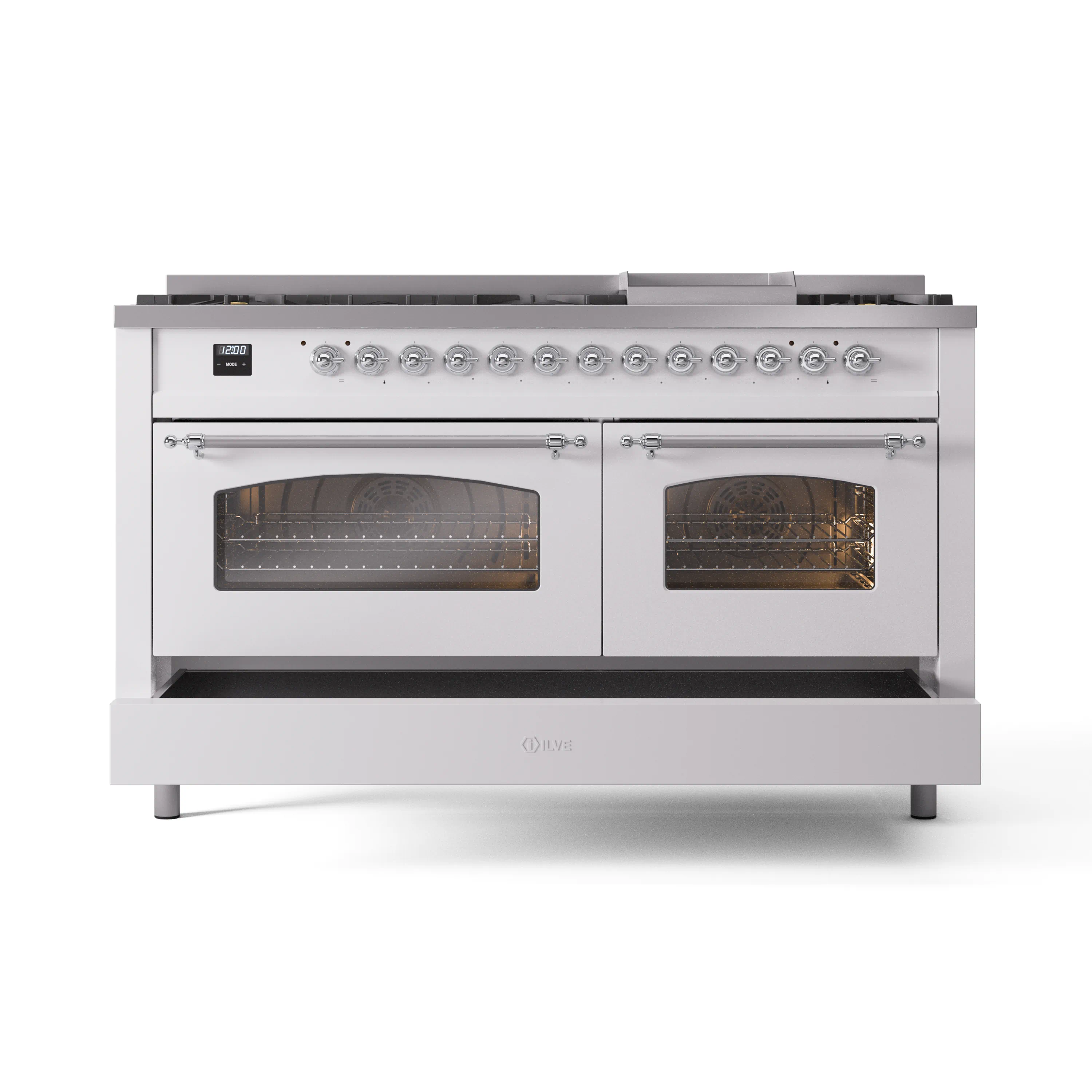 ILVE 60-Inch Nostalgie II Natural Gas Dual Fuel Range with 9 Burners, Griddle and Triple Glass Door Oven in White with Chrome Trim (UP60FNMPWHC) - Image 6