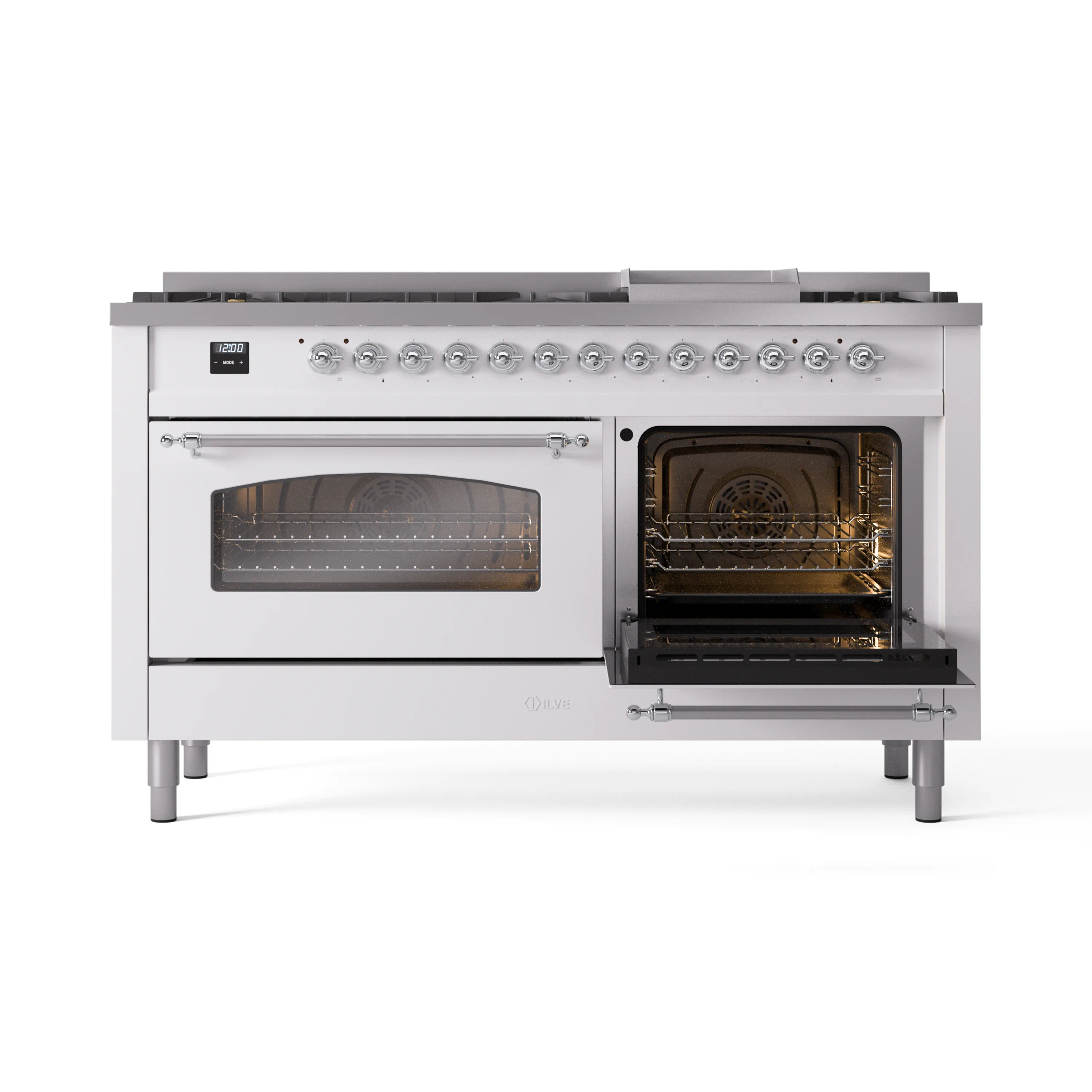ILVE 60-Inch Nostalgie II Natural Gas Dual Fuel Range with 9 Burners, Griddle and Triple Glass Door Oven in White with Chrome Trim (UP60FNMPWHC) - Image 7