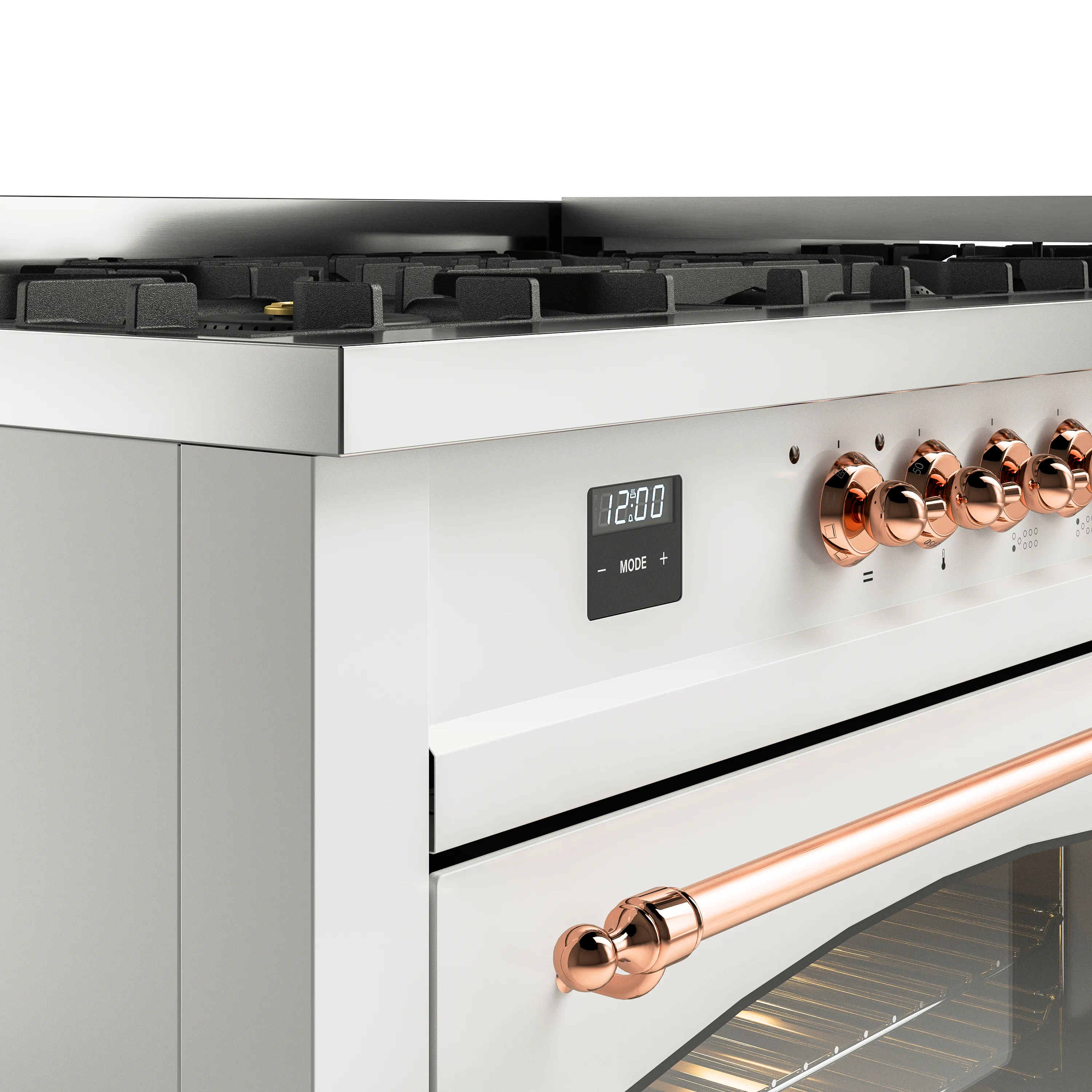 ILVE 60-Inch Nostalgie II Natural Gas Dual Fuel Range with 9 Burners, Griddle and Triple Glass Door Oven in White with Copper Trim (UP60FNMPWHP) - Image 10