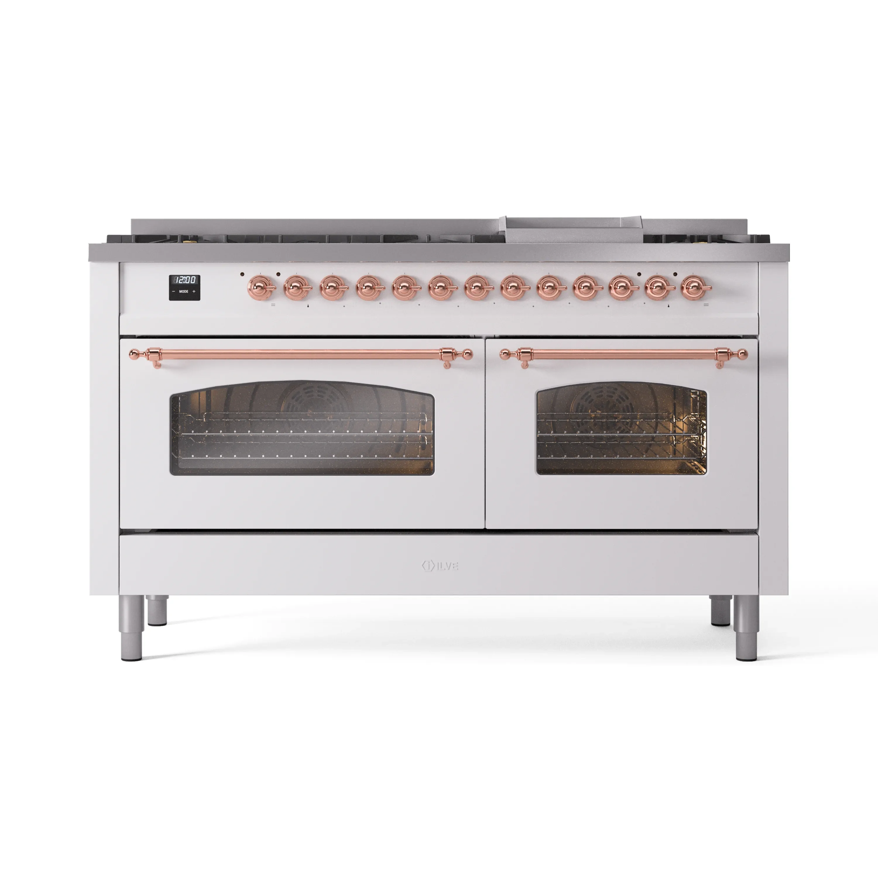 ILVE 60-Inch Nostalgie II Natural Gas Dual Fuel Range with 9 Burners, Griddle and Triple Glass Door Oven in White with Copper Trim (UP60FNMPWHP) - Image 2