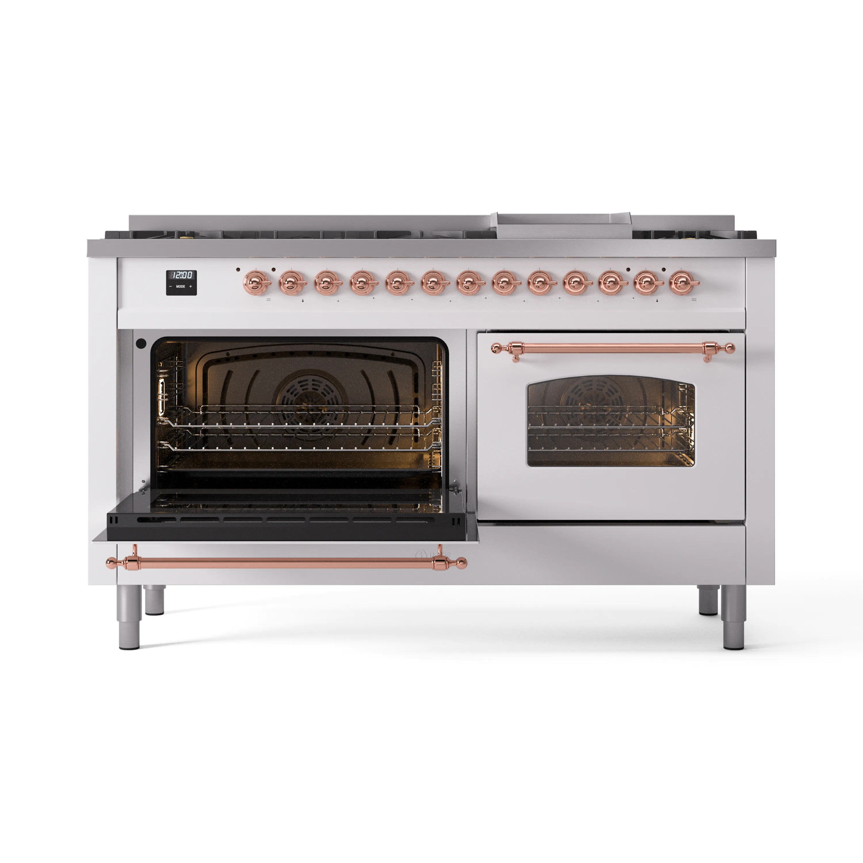 ILVE 60-Inch Nostalgie II Natural Gas Dual Fuel Range with 9 Burners, Griddle and Triple Glass Door Oven in White with Copper Trim (UP60FNMPWHP) - Image 4