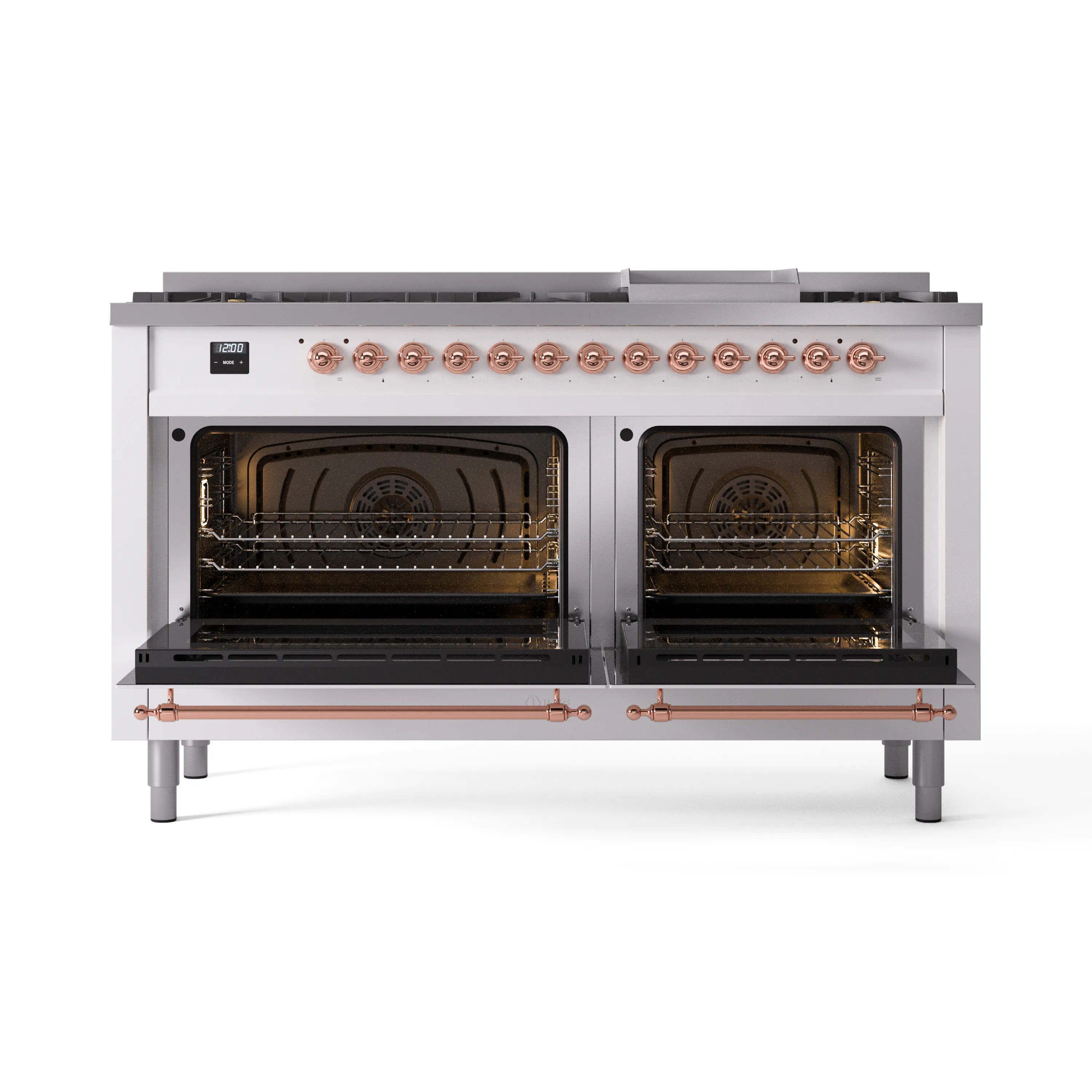 ILVE 60-Inch Nostalgie II Natural Gas Dual Fuel Range with 9 Burners, Griddle and Triple Glass Door Oven in White with Copper Trim (UP60FNMPWHP) - Image 6