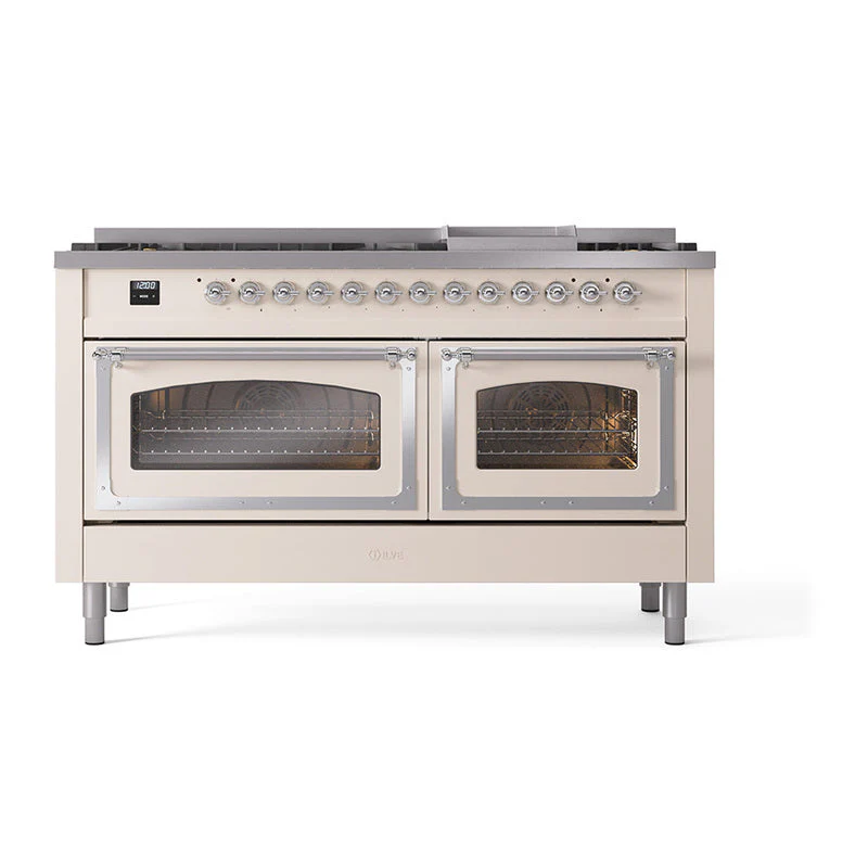 ILVE 60-Inch Nostalgie II Noblesse Natural Gas Dual Fuel Range   in Antique White with Chrome Trim (UN60FNMPAWC) - Image 2